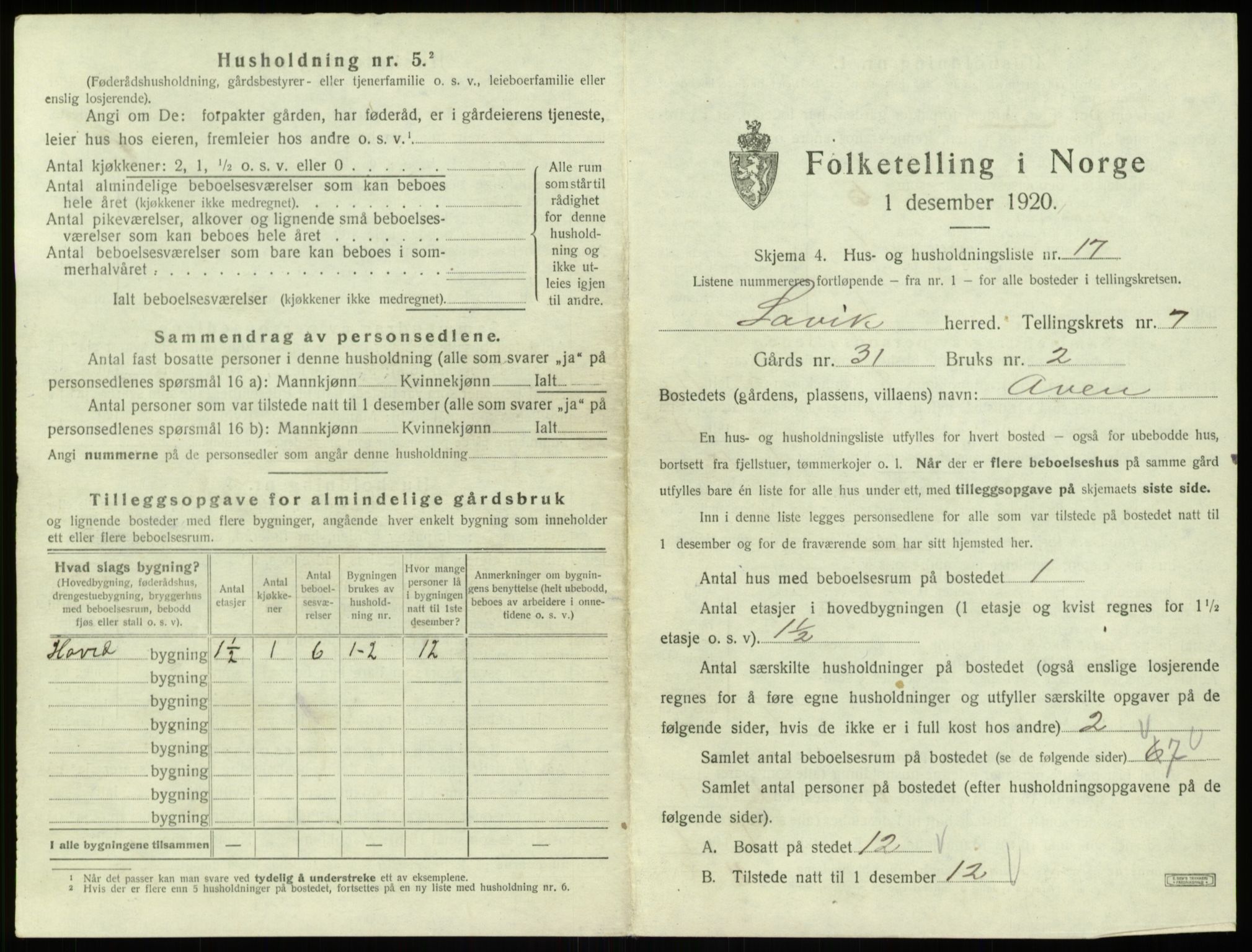 SAB, 1920 census for Lavik, 1920, p. 259