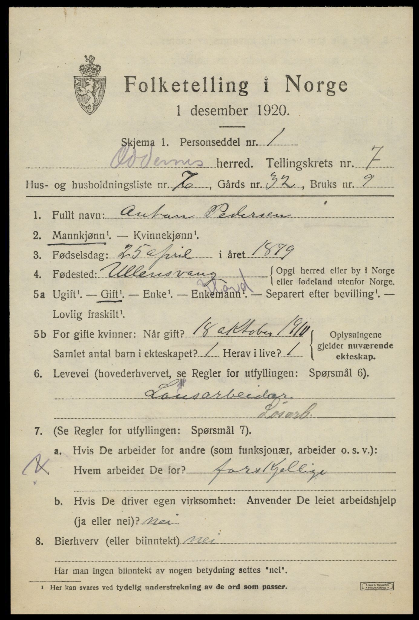 SAK, 1920 census for Oddernes, 1920, p. 5423