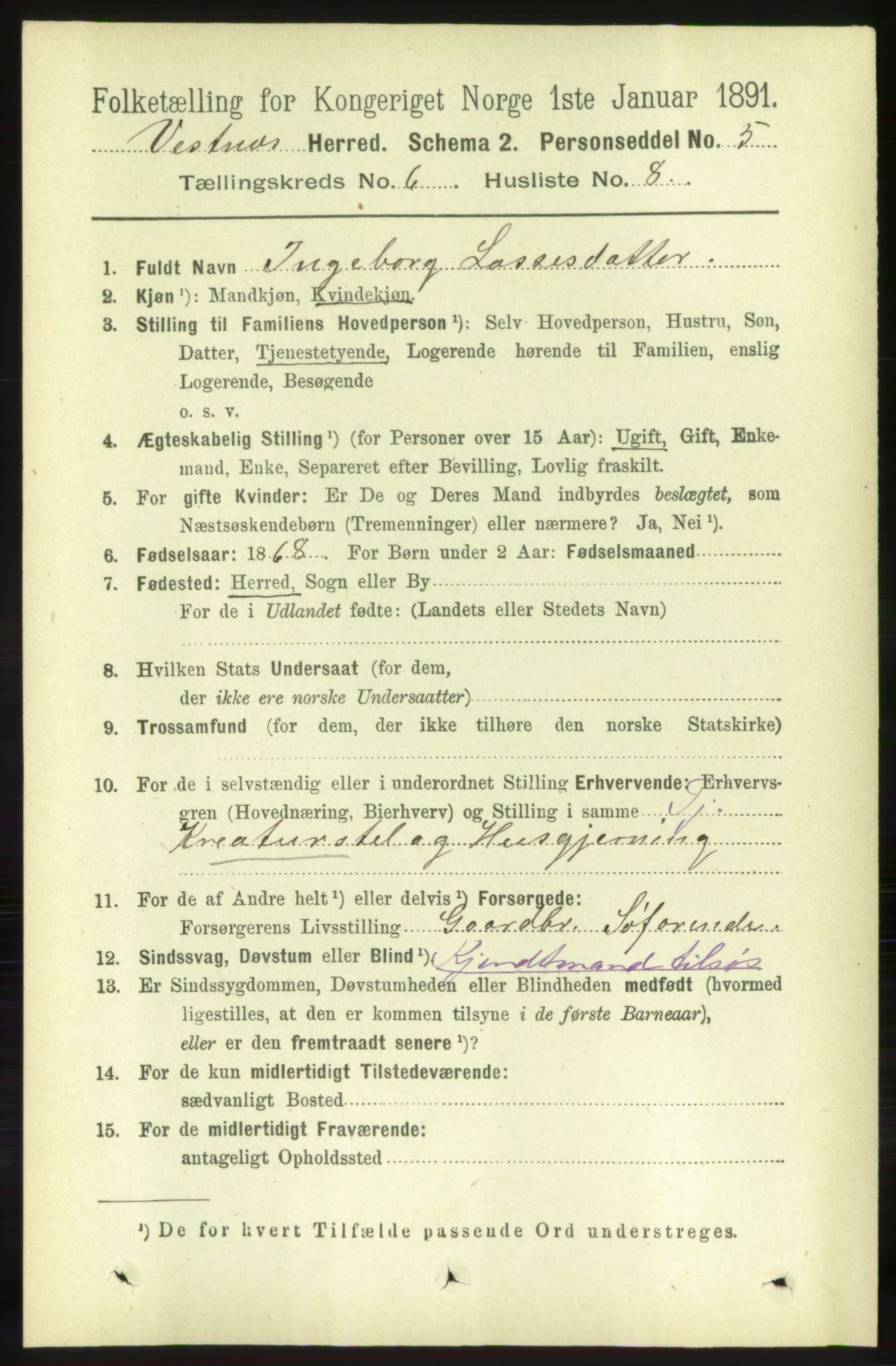 RA, 1891 census for 1535 Vestnes, 1891, p. 2225