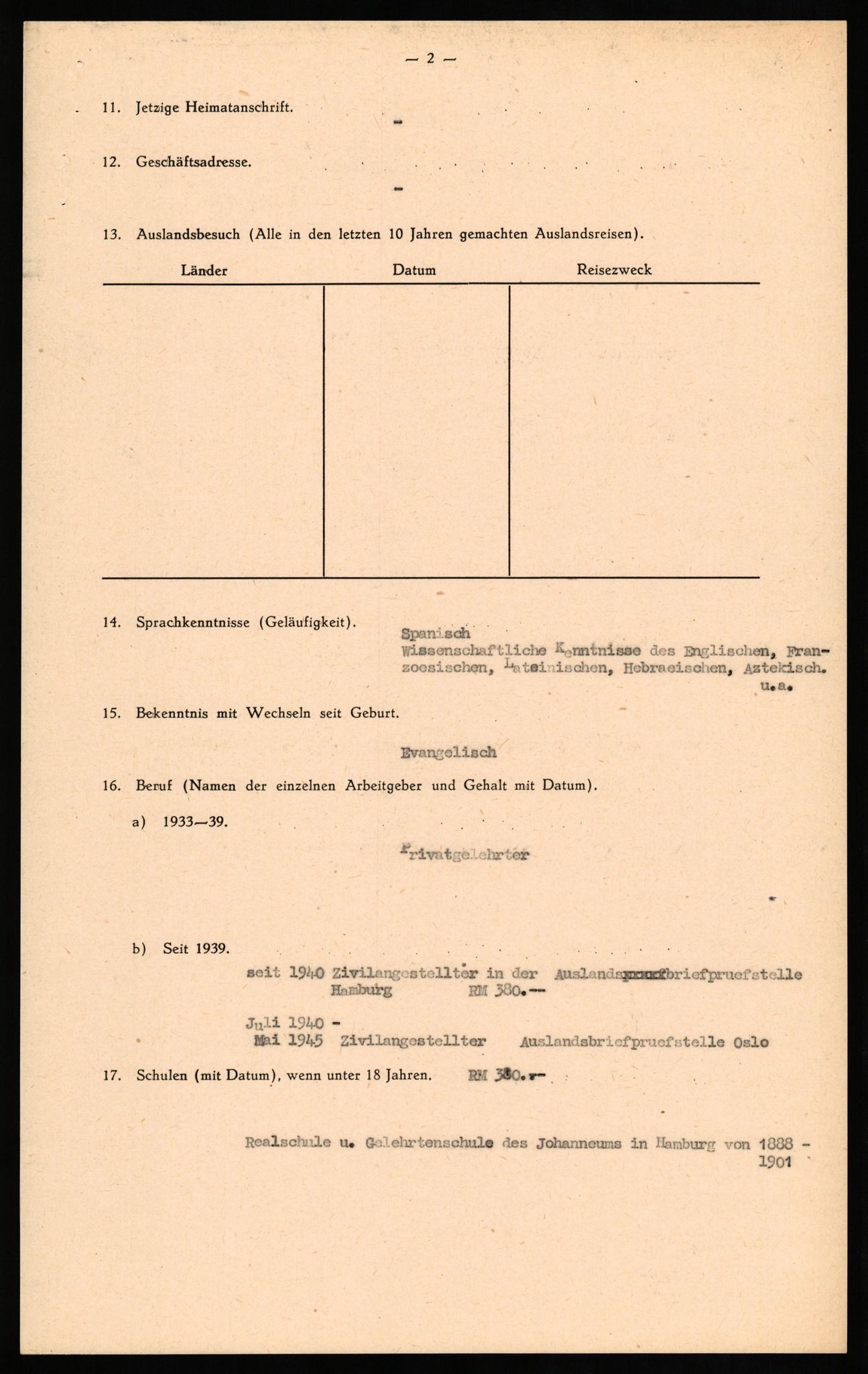 Forsvaret, Forsvarets overkommando II, RA/RAFA-3915/D/Db/L0020: CI Questionaires. Tyske okkupasjonsstyrker i Norge. Tyskere., 1945-1946, p. 56