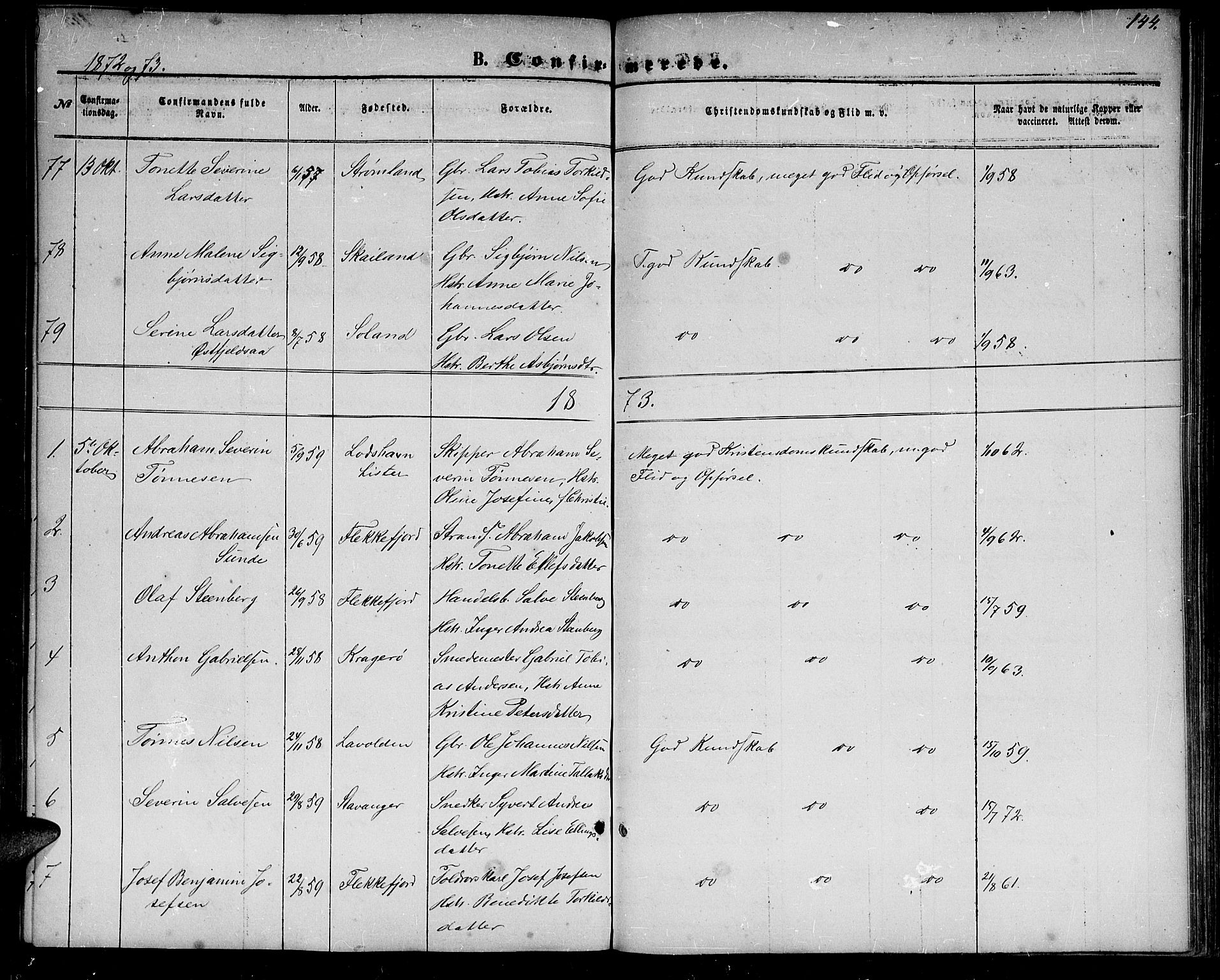 Flekkefjord sokneprestkontor, SAK/1111-0012/F/Fb/Fbc/L0006: Parish register (copy) no. B 6, 1866-1879, p. 144
