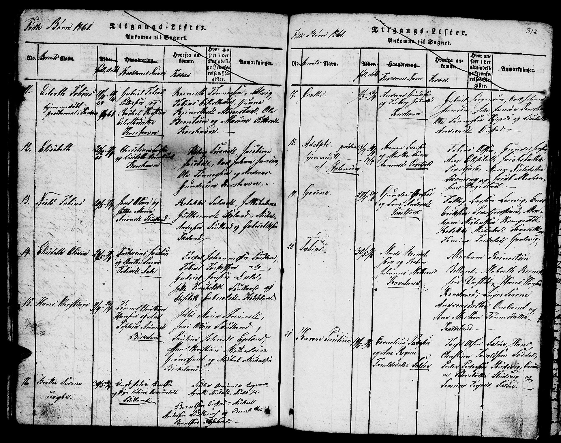 Lyngdal sokneprestkontor, AV/SAK-1111-0029/F/Fb/Fba/L0001: Parish register (copy) no. B 1, 1816-1876, p. 312