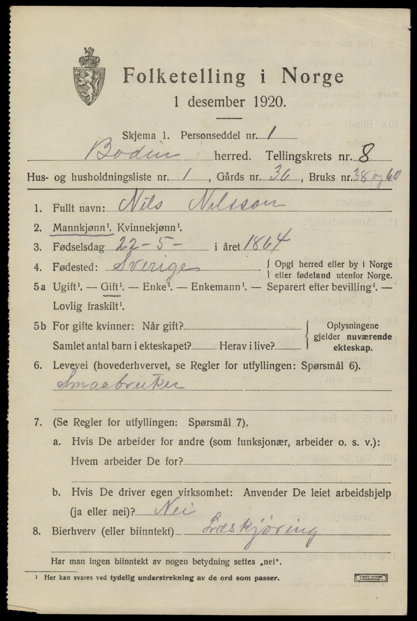 SAT, 1920 census for Bodin, 1920, p. 5836