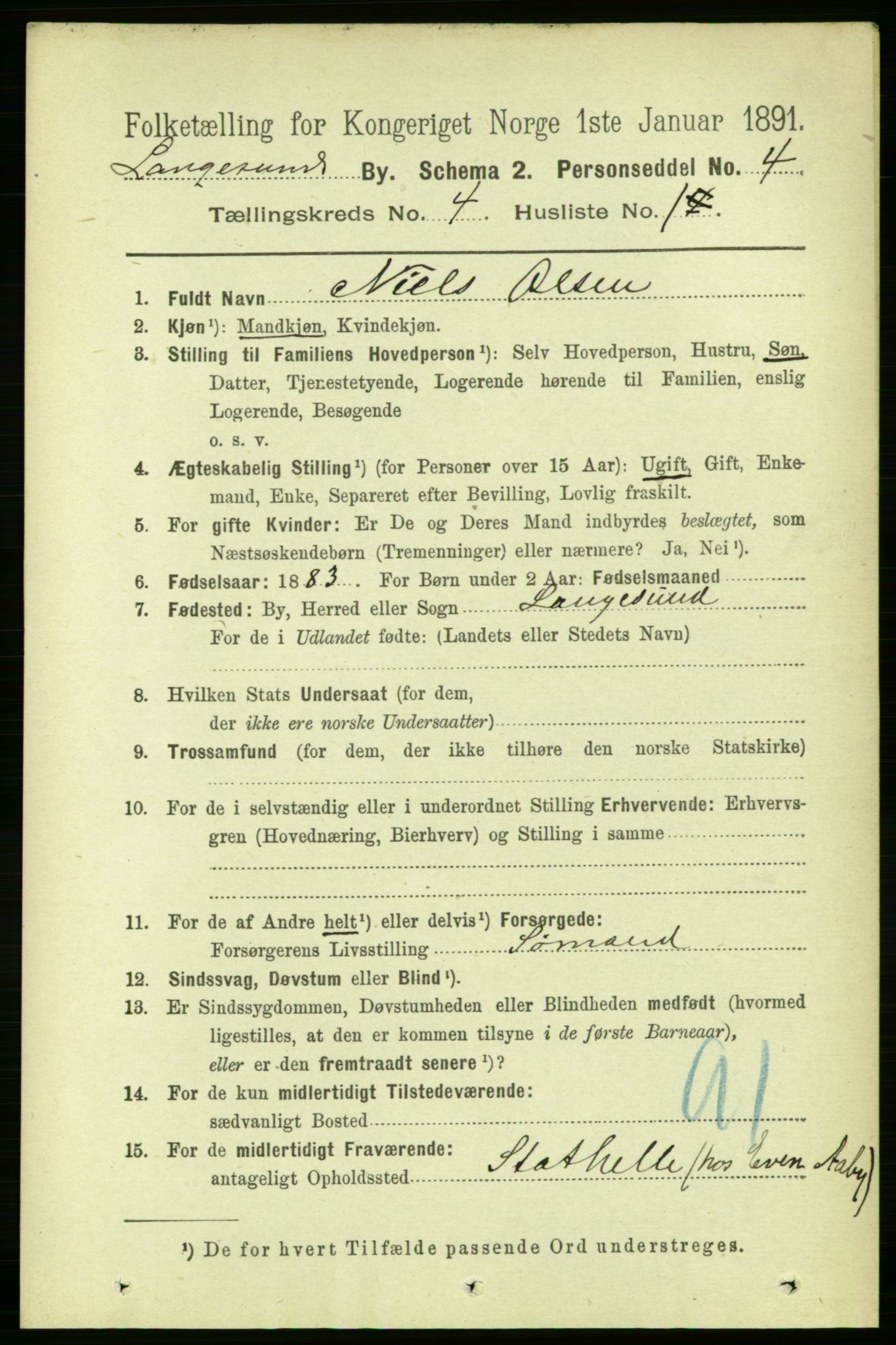 RA, 1891 census for 0802 Langesund, 1891, p. 1156