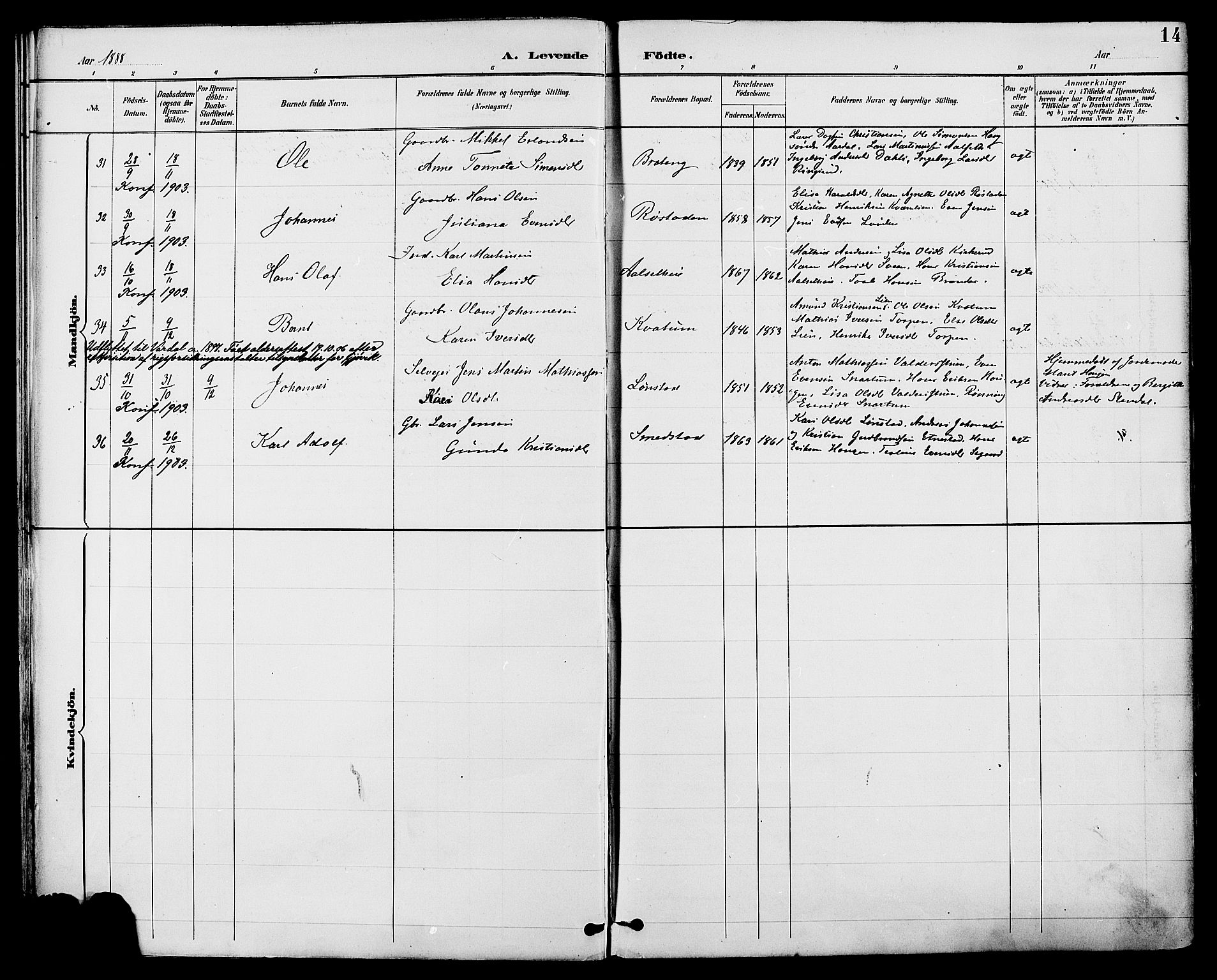 Biri prestekontor, SAH/PREST-096/H/Ha/Haa/L0007: Parish register (official) no. 7, 1887-1893, p. 14
