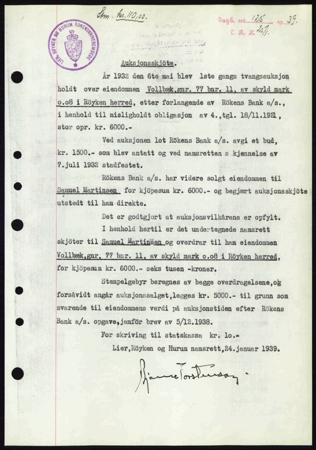 Lier, Røyken og Hurum sorenskriveri, AV/SAKO-A-89/G/Ga/Gab/L0062: Mortgage book no. 62, 1938-1939, Diary no: : 125/1939
