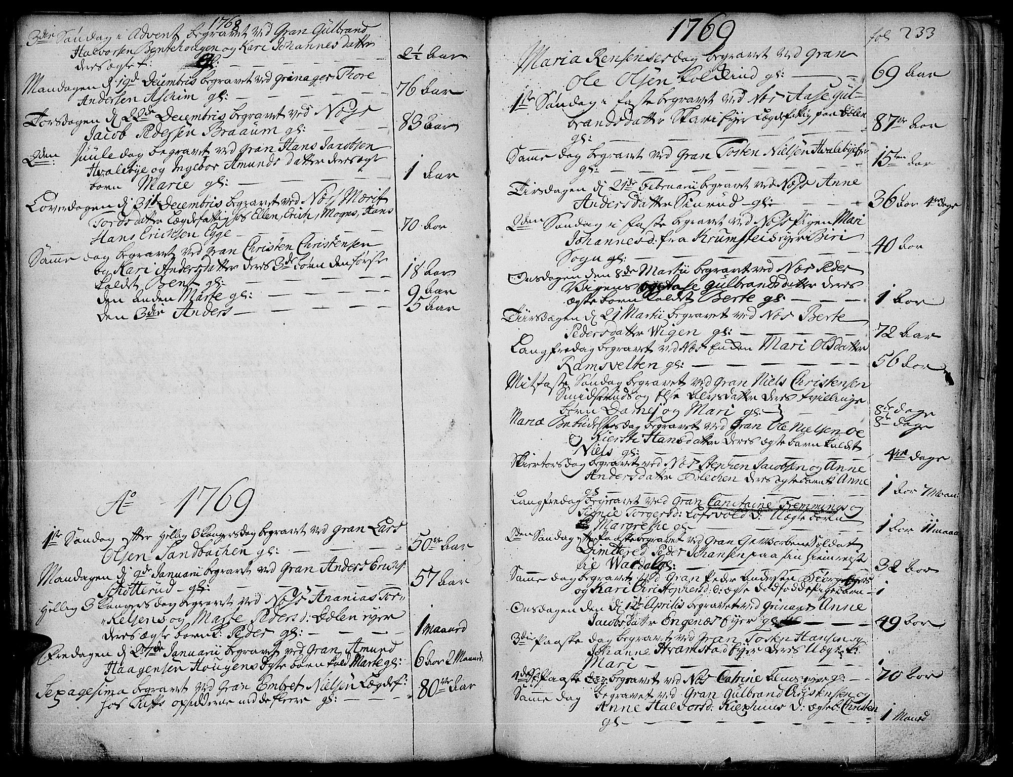 Gran prestekontor, SAH/PREST-112/H/Ha/Haa/L0004: Parish register (official) no. 4, 1759-1775, p. 233