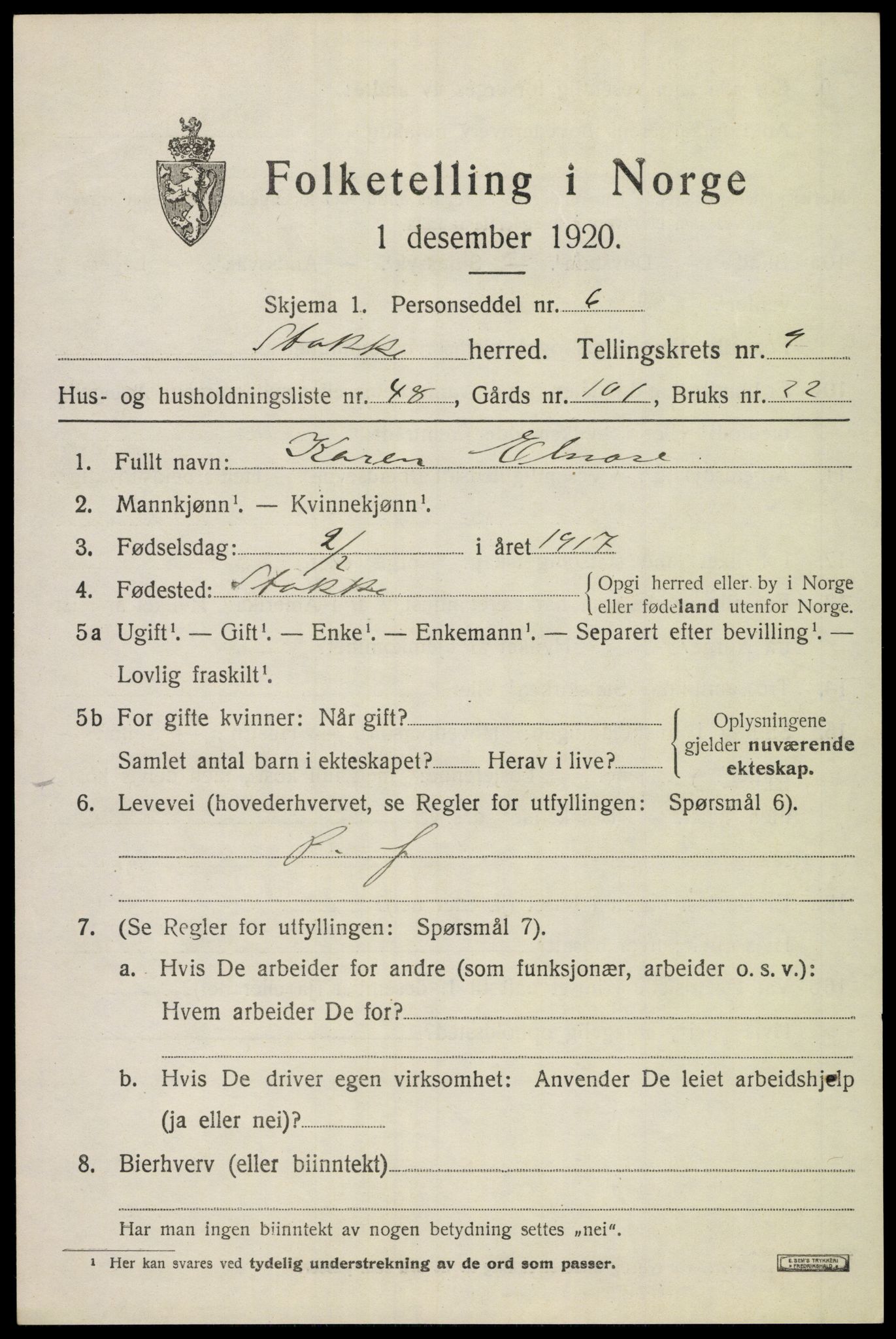 SAKO, 1920 census for Stokke, 1920, p. 10942