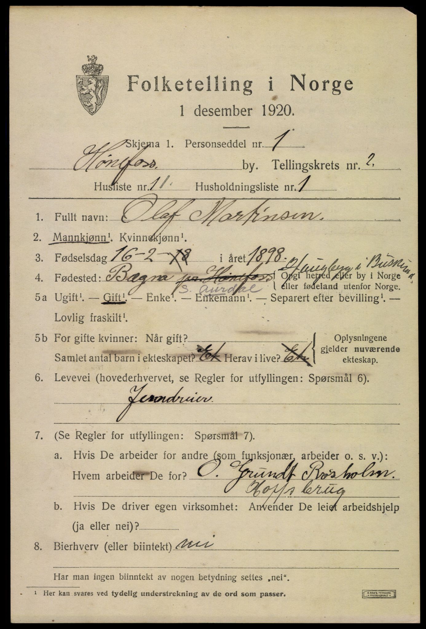 SAKO, 1920 census for Hønefoss, 1920, p. 4068