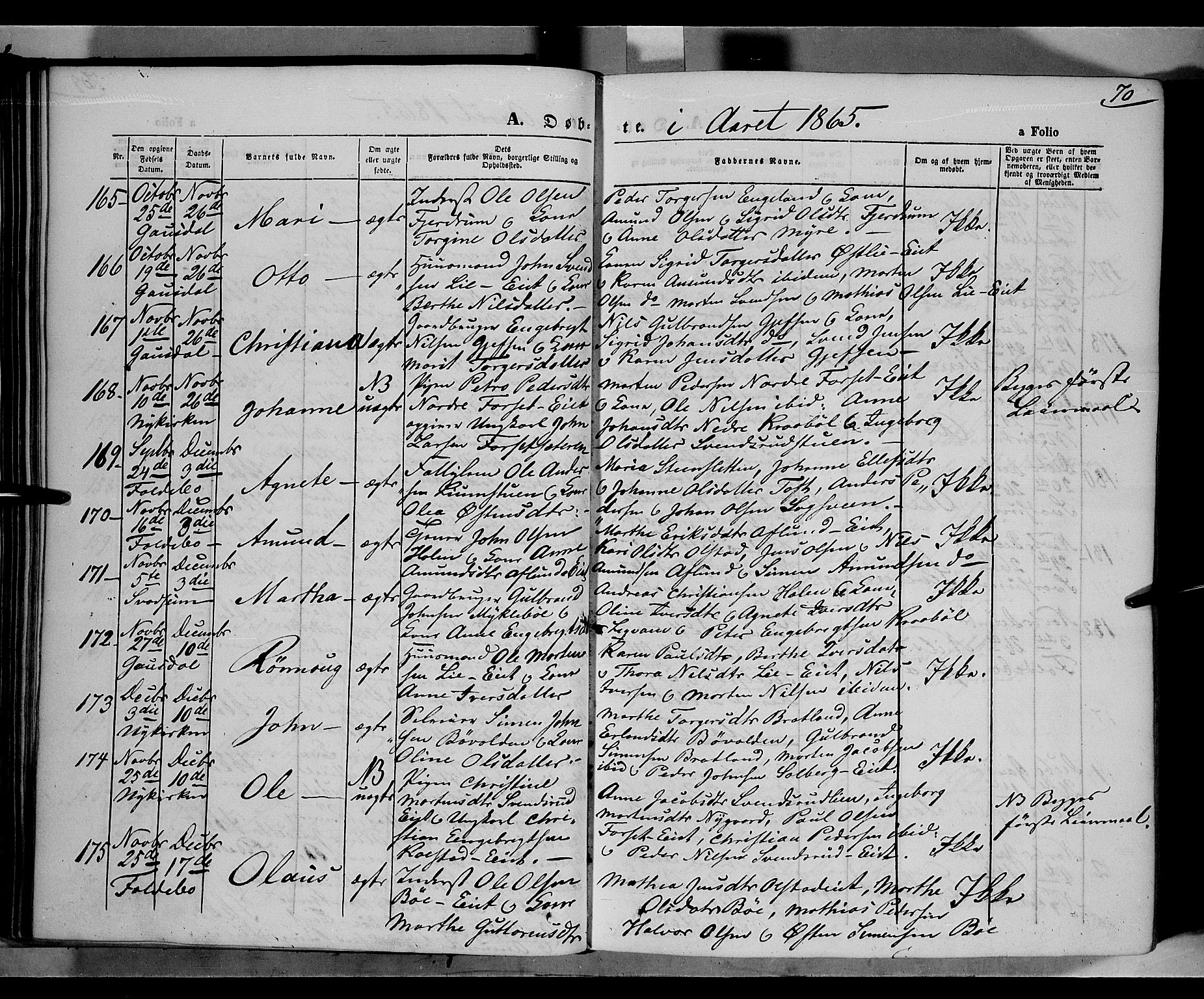 Gausdal prestekontor, SAH/PREST-090/H/Ha/Haa/L0009: Parish register (official) no. 9, 1862-1873, p. 70