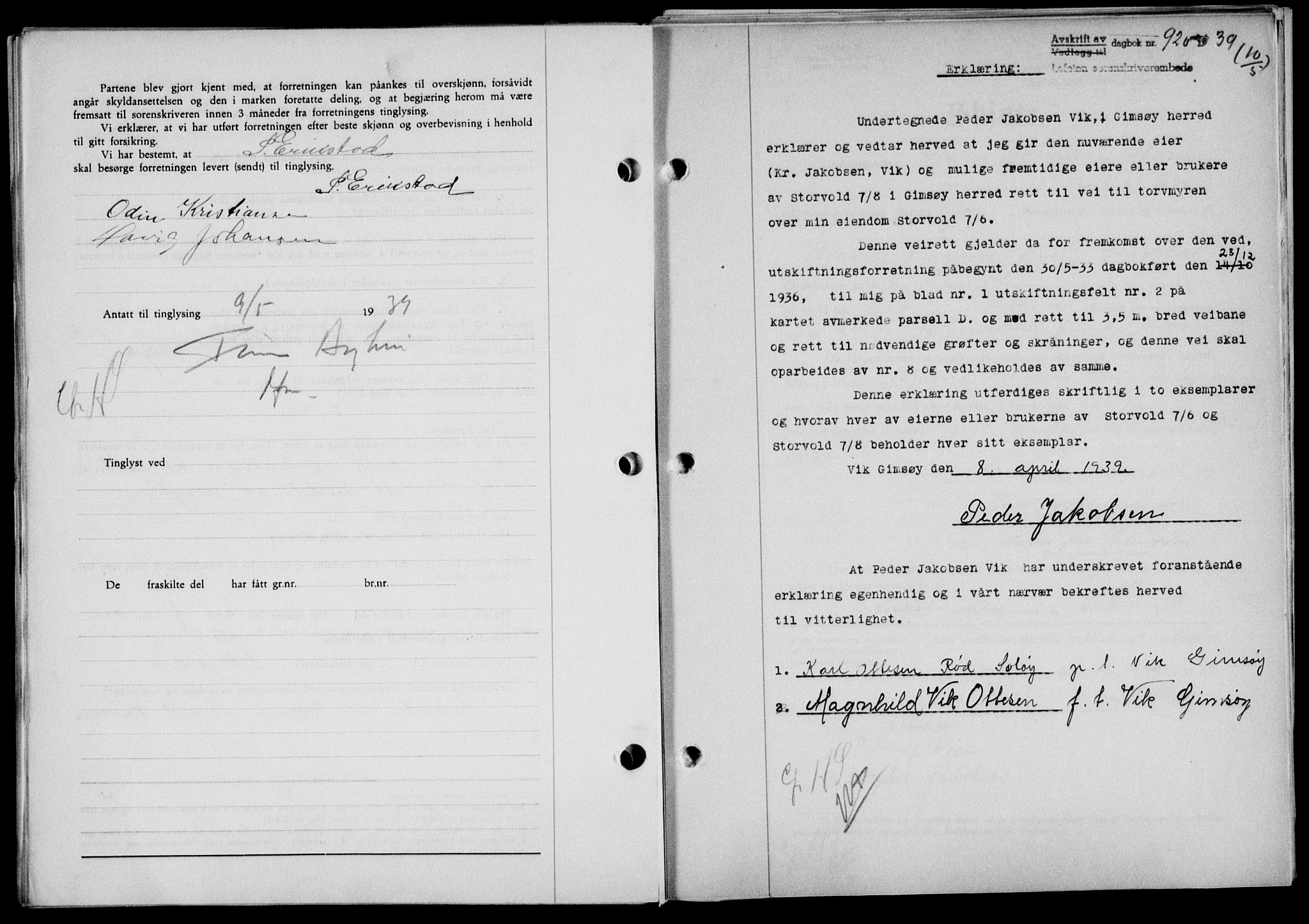 Lofoten sorenskriveri, SAT/A-0017/1/2/2C/L0005a: Mortgage book no. 5a, 1939-1939, Diary no: : 920/1939