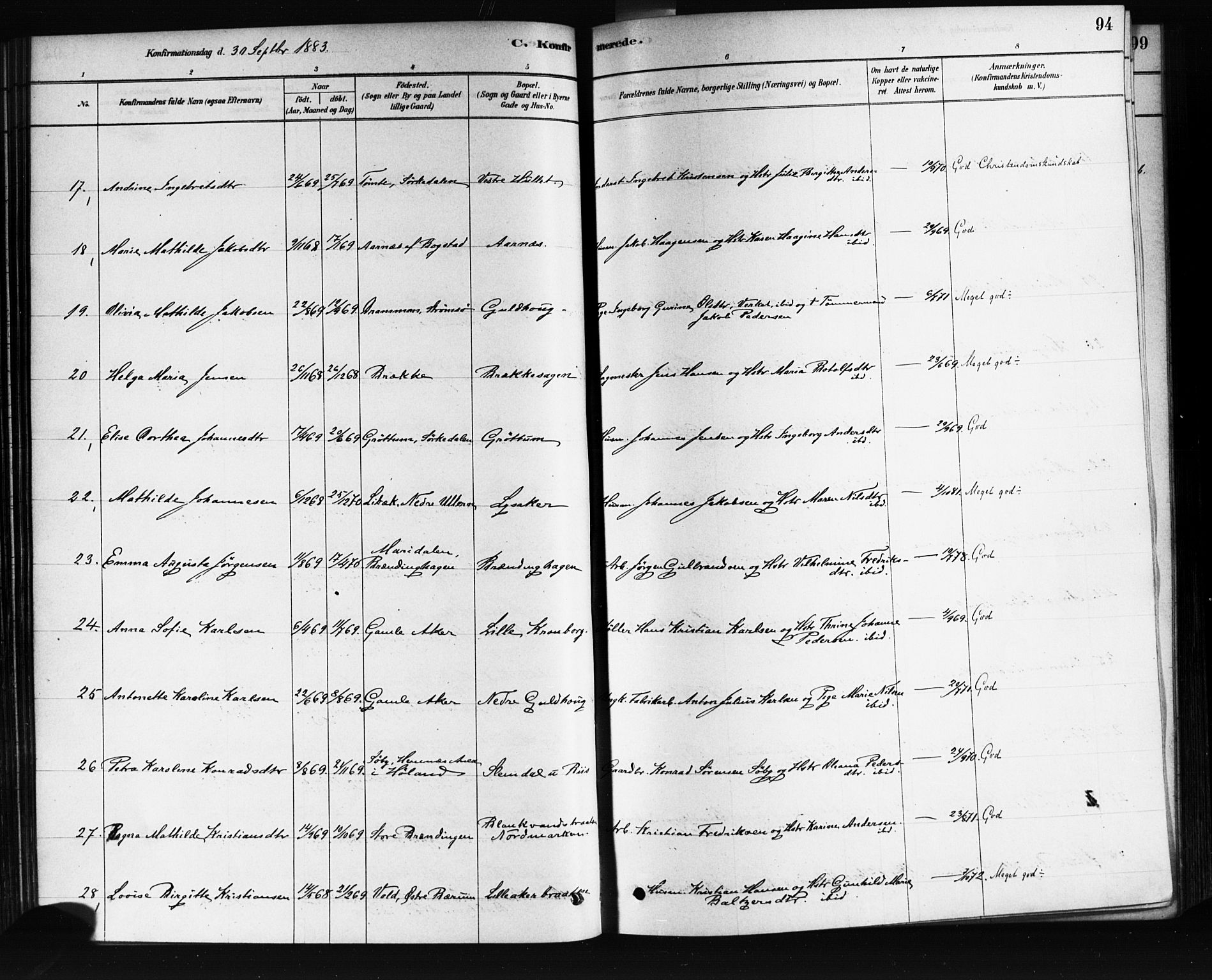 Vestre Aker prestekontor Kirkebøker, AV/SAO-A-10025/F/Fa/L0008: Parish register (official) no. 8, 1878-1903, p. 94