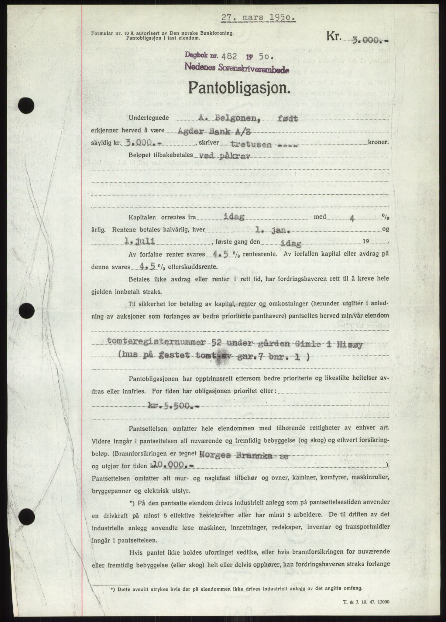 Nedenes sorenskriveri, AV/SAK-1221-0006/G/Gb/Gbb/L0007: Mortgage book no. B7, 1949-1950, Diary no: : 482/1950