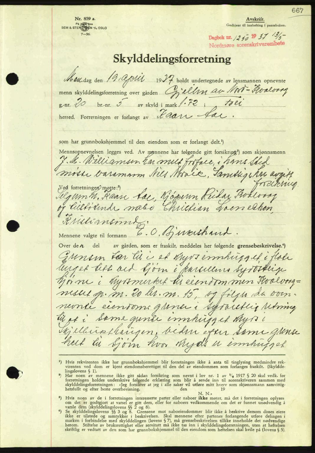 Nordmøre sorenskriveri, AV/SAT-A-4132/1/2/2Ca: Mortgage book no. A81, 1937-1937, Diary no: : 1250/1937