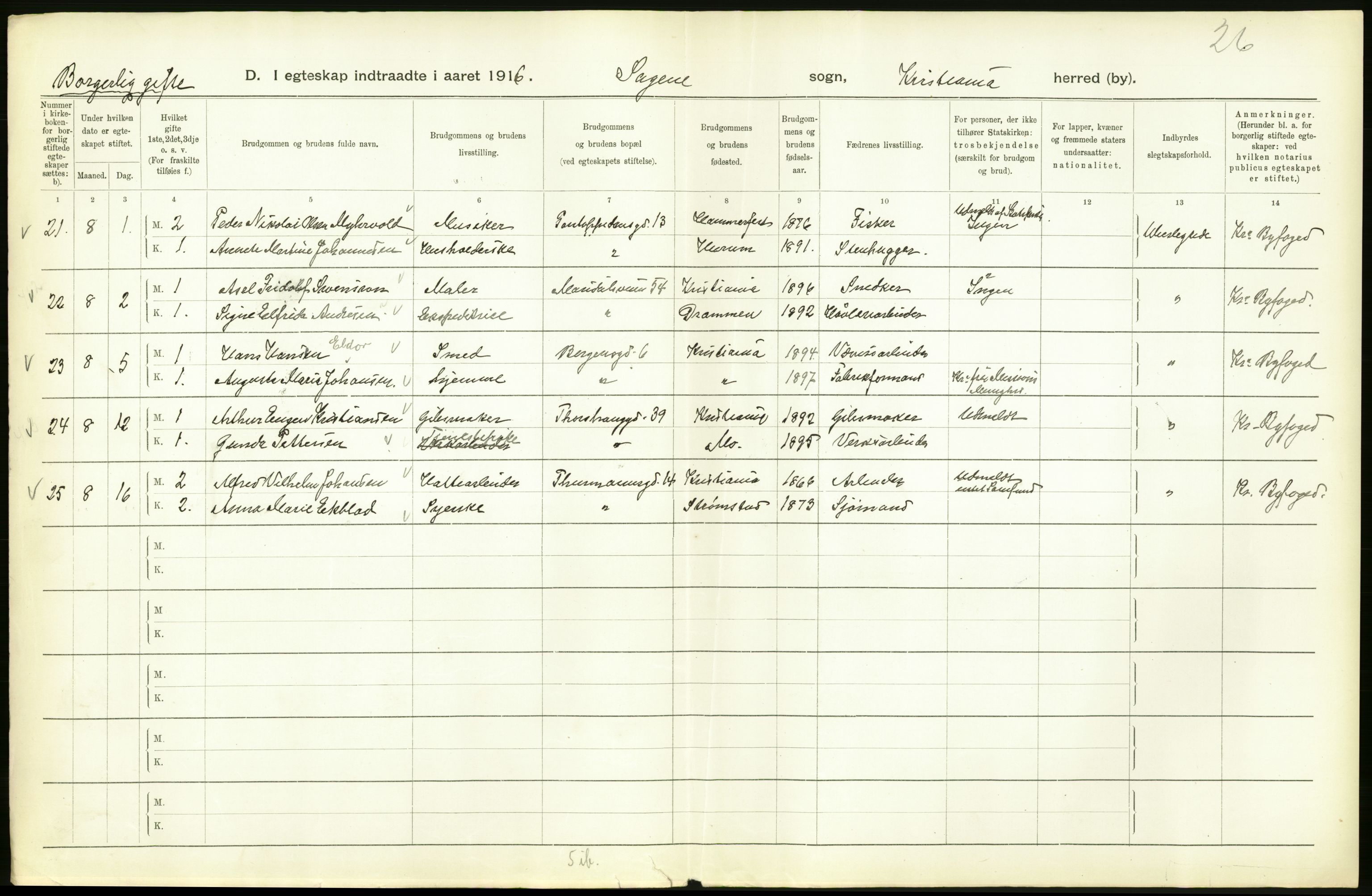 Statistisk sentralbyrå, Sosiodemografiske emner, Befolkning, RA/S-2228/D/Df/Dfb/Dfbf/L0008: Kristiania: Gifte, 1916, p. 124