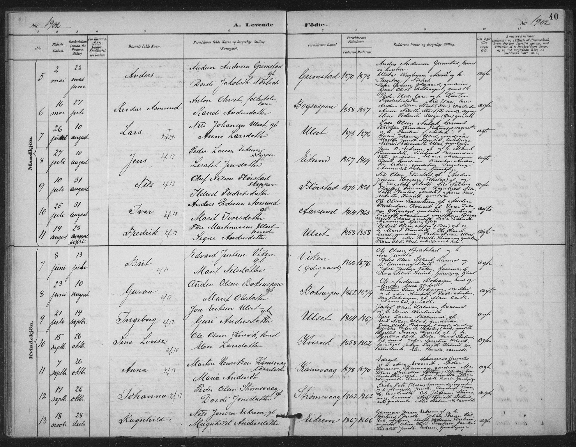 Ministerialprotokoller, klokkerbøker og fødselsregistre - Møre og Romsdal, AV/SAT-A-1454/587/L1000: Parish register (official) no. 587A02, 1887-1910, p. 40