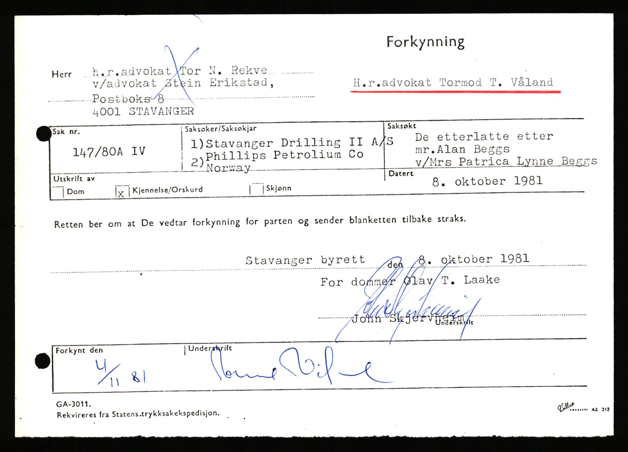 Stavanger byrett, AV/SAST-A-100455/003/F/Fh/Fhb/L0039e: A IV sak nr 147, 1980, p. 685