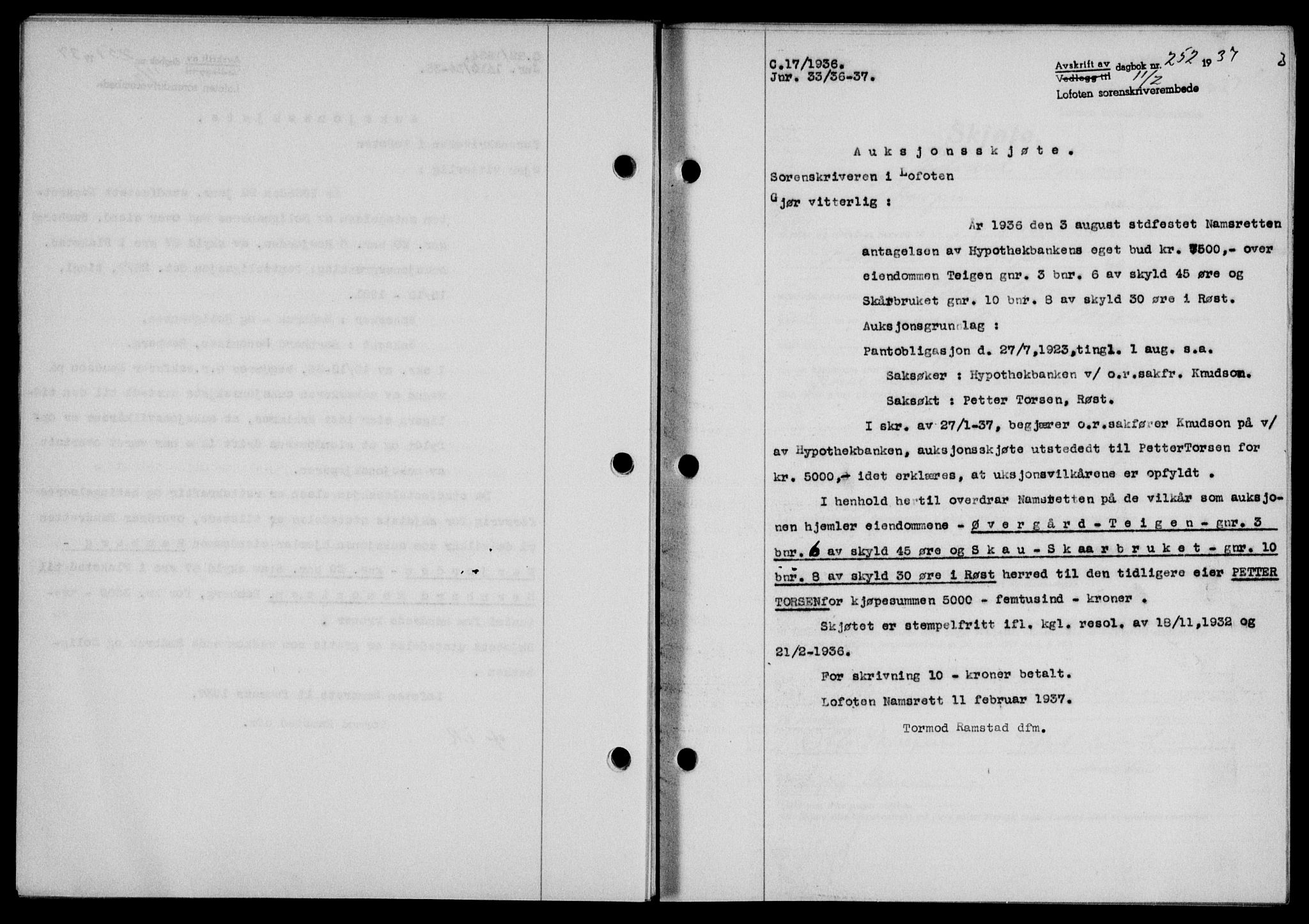 Lofoten sorenskriveri, SAT/A-0017/1/2/2C/L0001a: Mortgage book no. 1a, 1936-1937, Diary no: : 252/1937