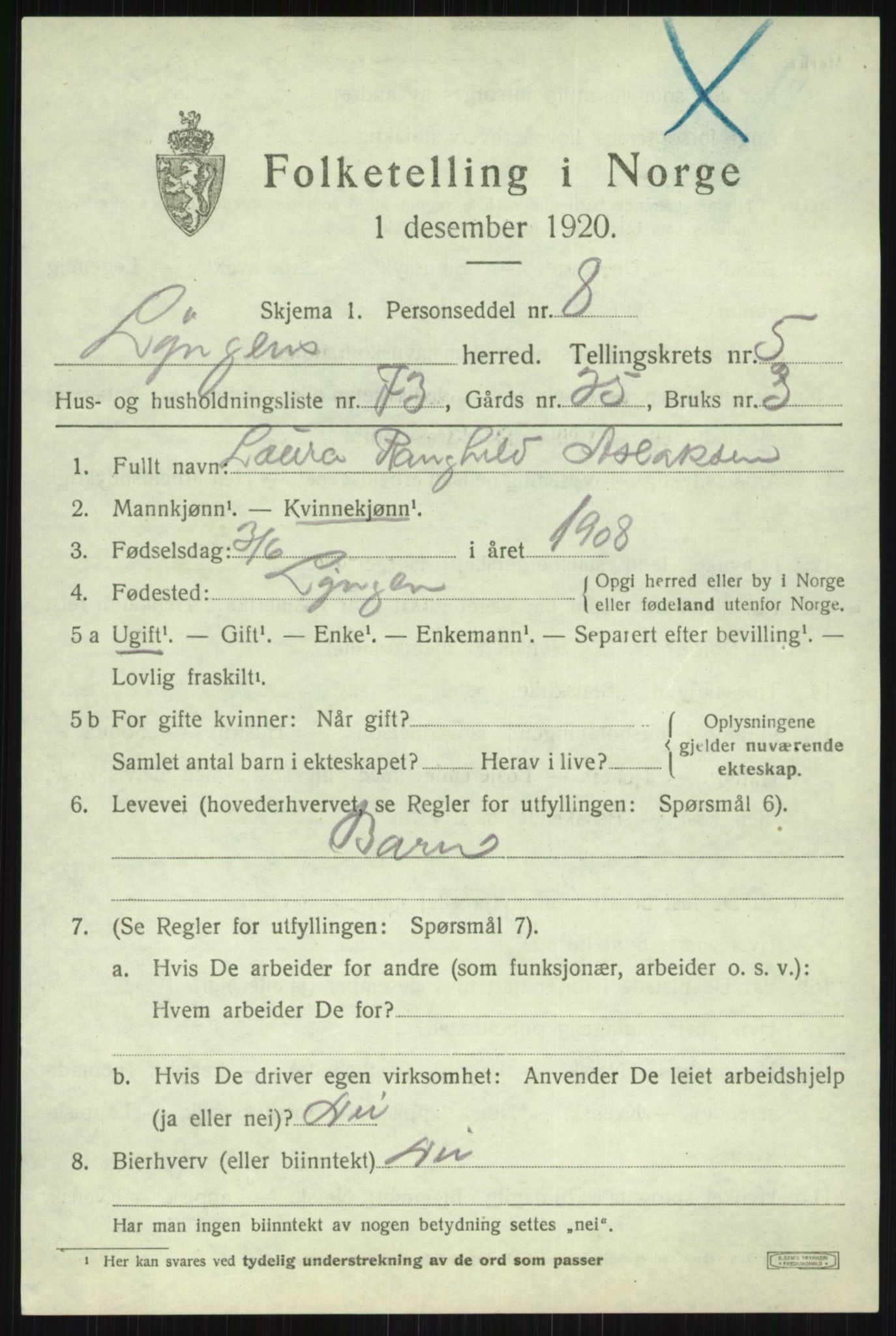 SATØ, 1920 census for Lyngen, 1920, p. 6274