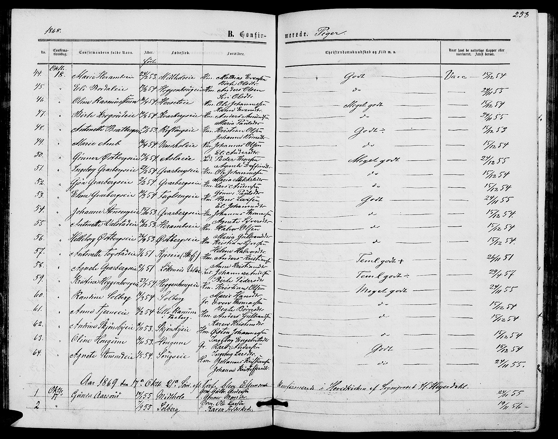 Ringsaker prestekontor, AV/SAH-PREST-014/L/La/L0007: Parish register (copy) no. 7, 1861-1869, p. 258