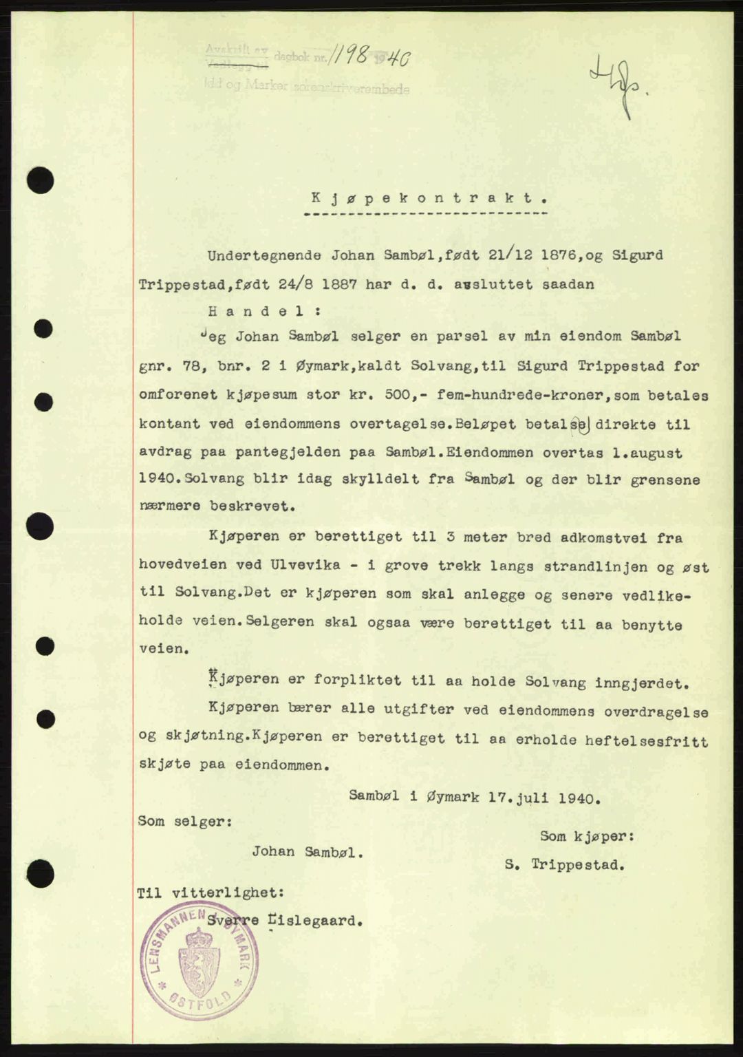 Idd og Marker sorenskriveri, AV/SAO-A-10283/G/Gb/Gbb/L0004: Mortgage book no. A4, 1940-1941, Diary no: : 1198/1940