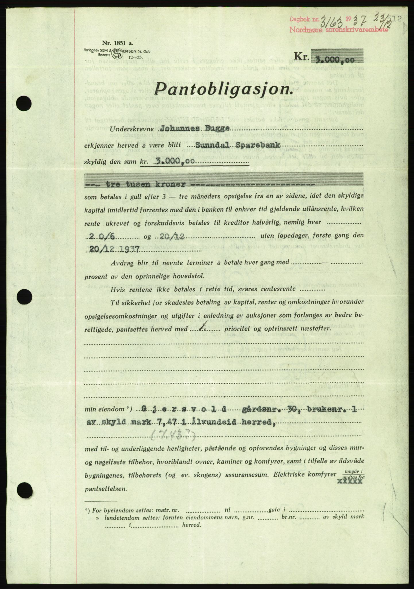 Nordmøre sorenskriveri, AV/SAT-A-4132/1/2/2Ca/L0092: Mortgage book no. B82, 1937-1938, Diary no: : 3163/1937