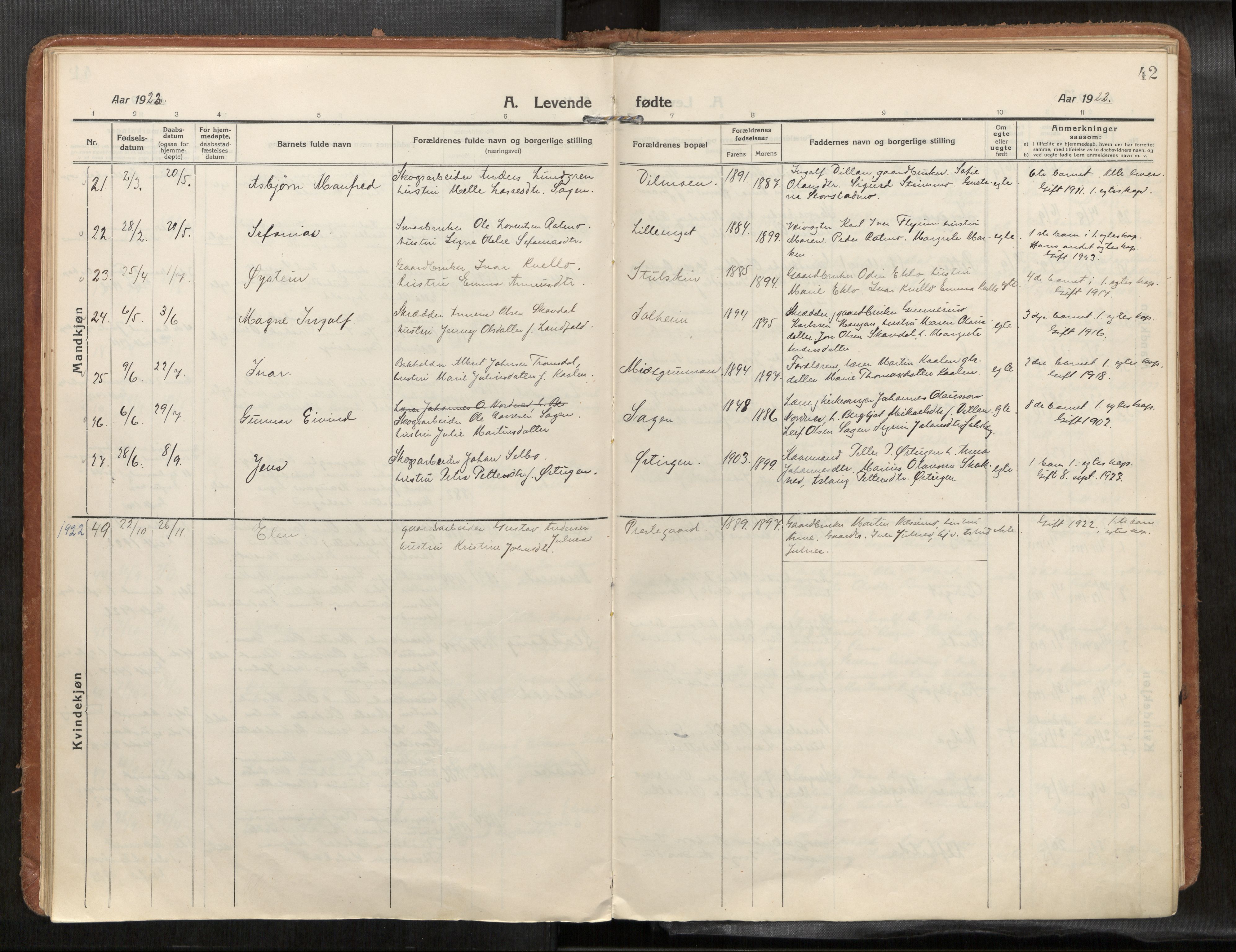 Verdal sokneprestkontor, SAT/A-1156/2/H/Haa/L0004: Parish register (official) no. 4, 1916-1928, p. 42