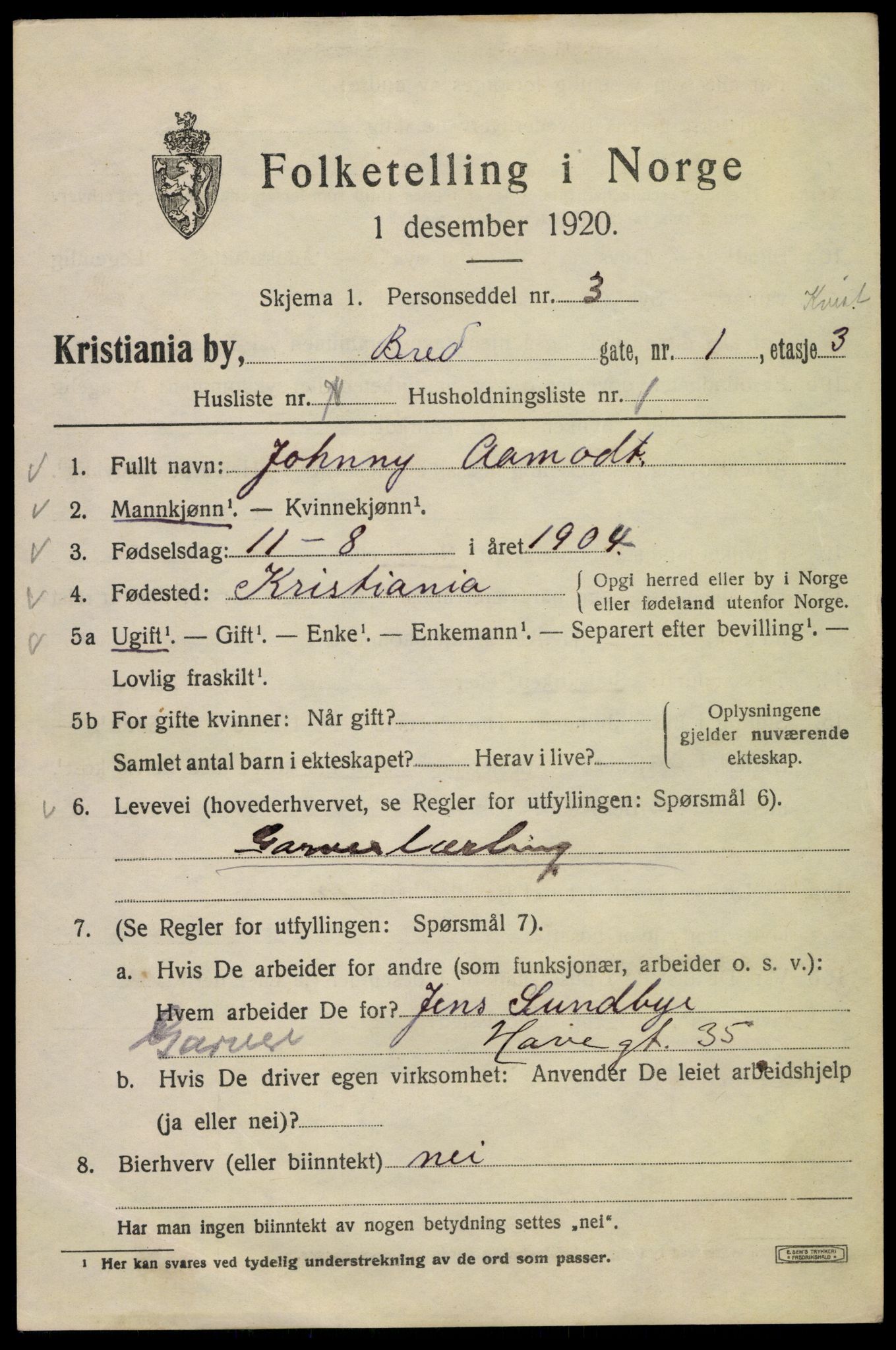 SAO, 1920 census for Kristiania, 1920, p. 169395