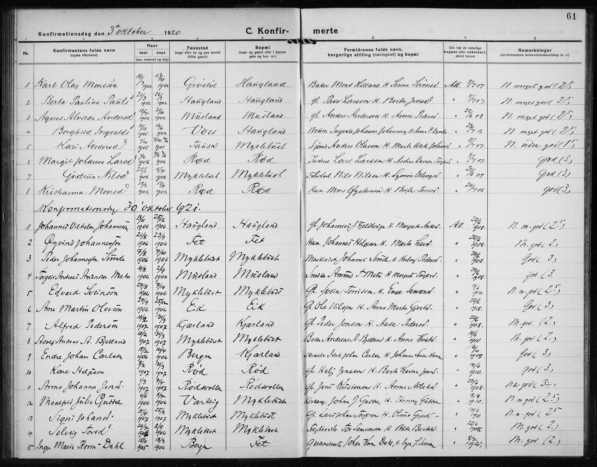 Kvinnherad sokneprestembete, SAB/A-76401/H/Haa: Parish register (official) no. G  1, 1920-1927, p. 61