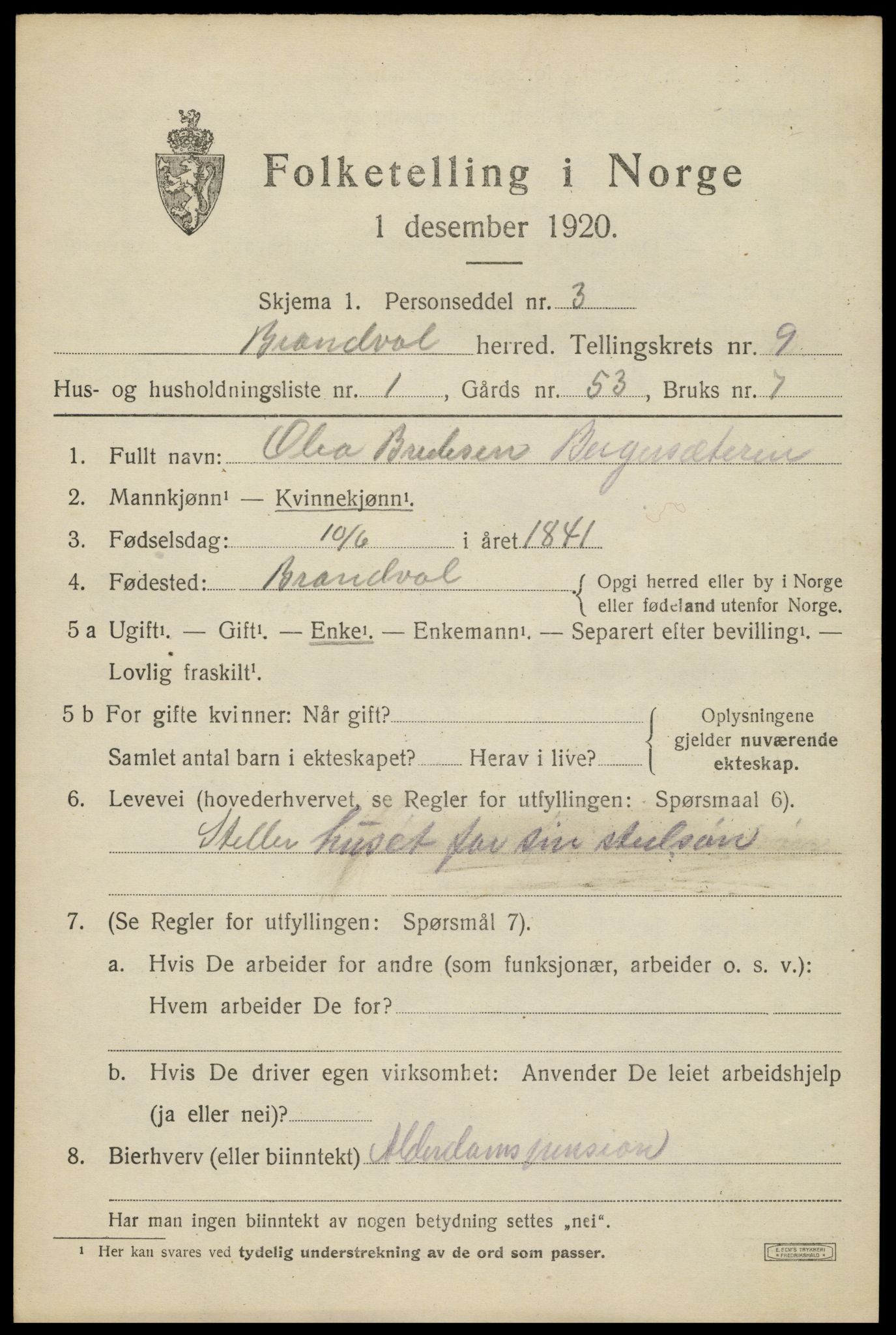 SAH, 1920 census for Brandval, 1920, p. 7296