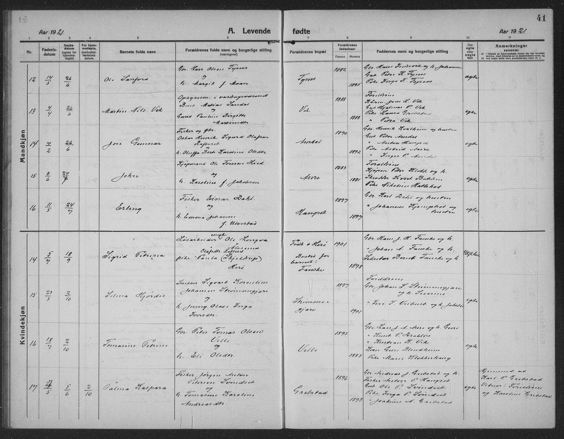 Ministerialprotokoller, klokkerbøker og fødselsregistre - Møre og Romsdal, AV/SAT-A-1454/523/L0342: Parish register (copy) no. 523C05, 1916-1937, p. 41