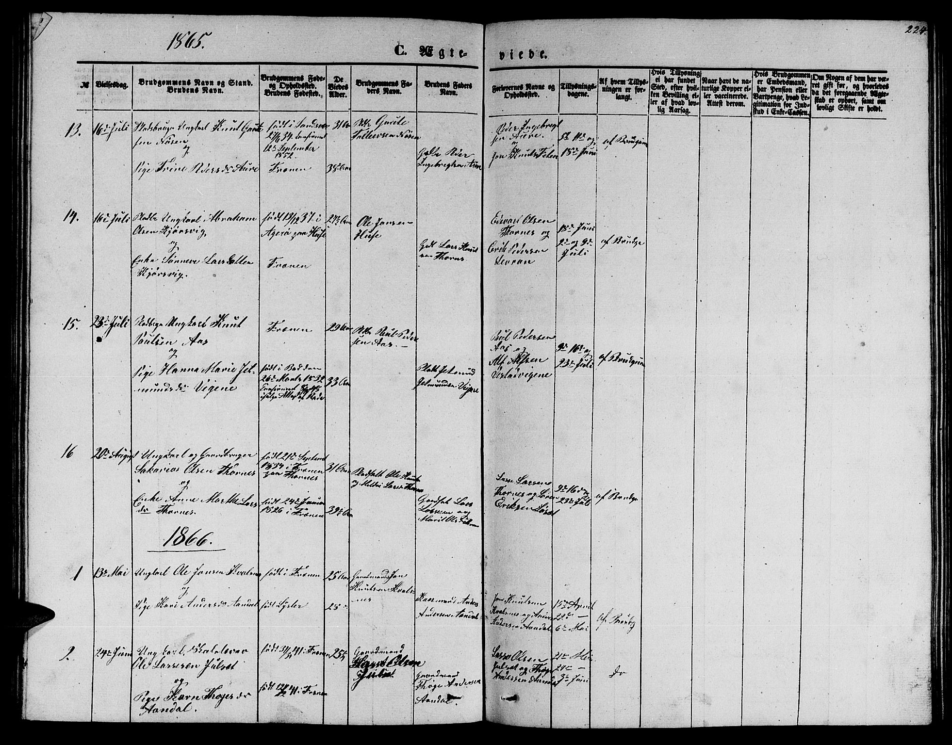 Ministerialprotokoller, klokkerbøker og fødselsregistre - Møre og Romsdal, SAT/A-1454/565/L0753: Parish register (copy) no. 565C02, 1845-1870, p. 224