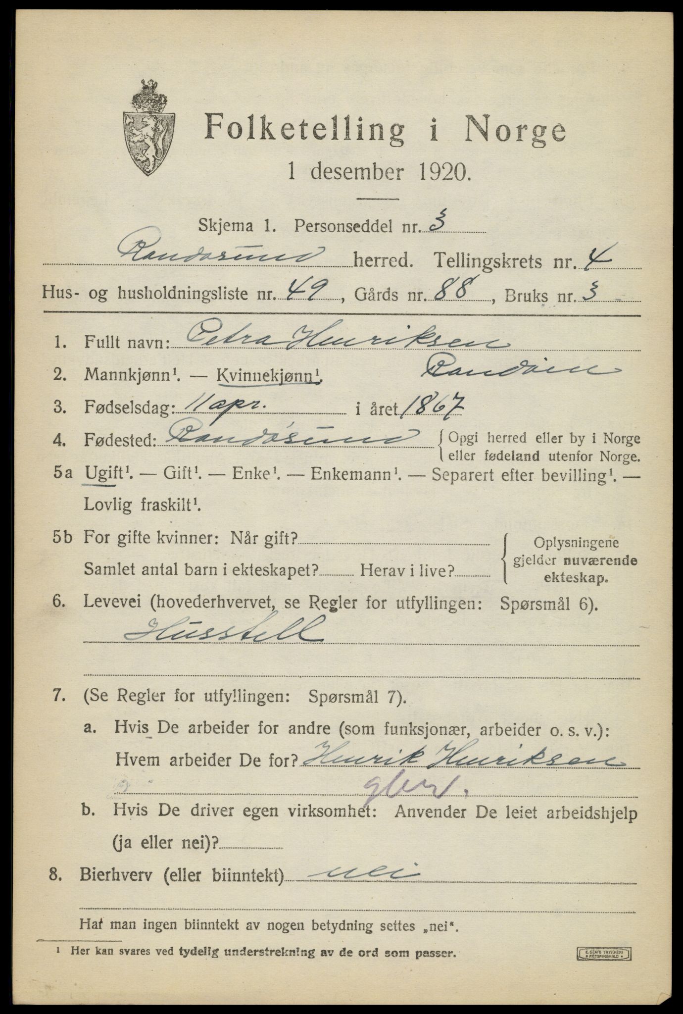 SAK, 1920 census for Randesund, 1920, p. 2290