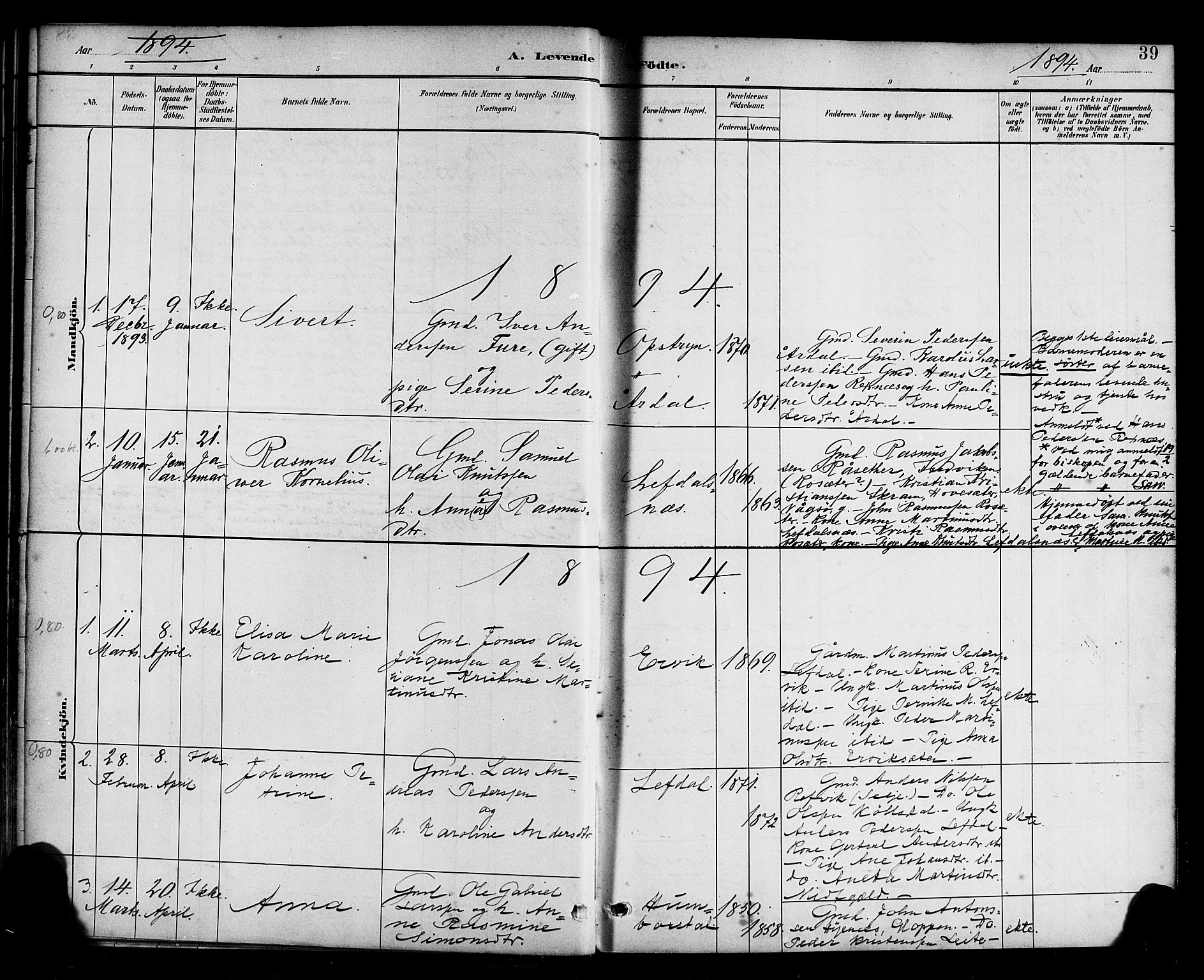 Davik sokneprestembete, SAB/A-79701/H/Haa/Haab/L0001: Parish register (official) no. B 1, 1882-1900, p. 39