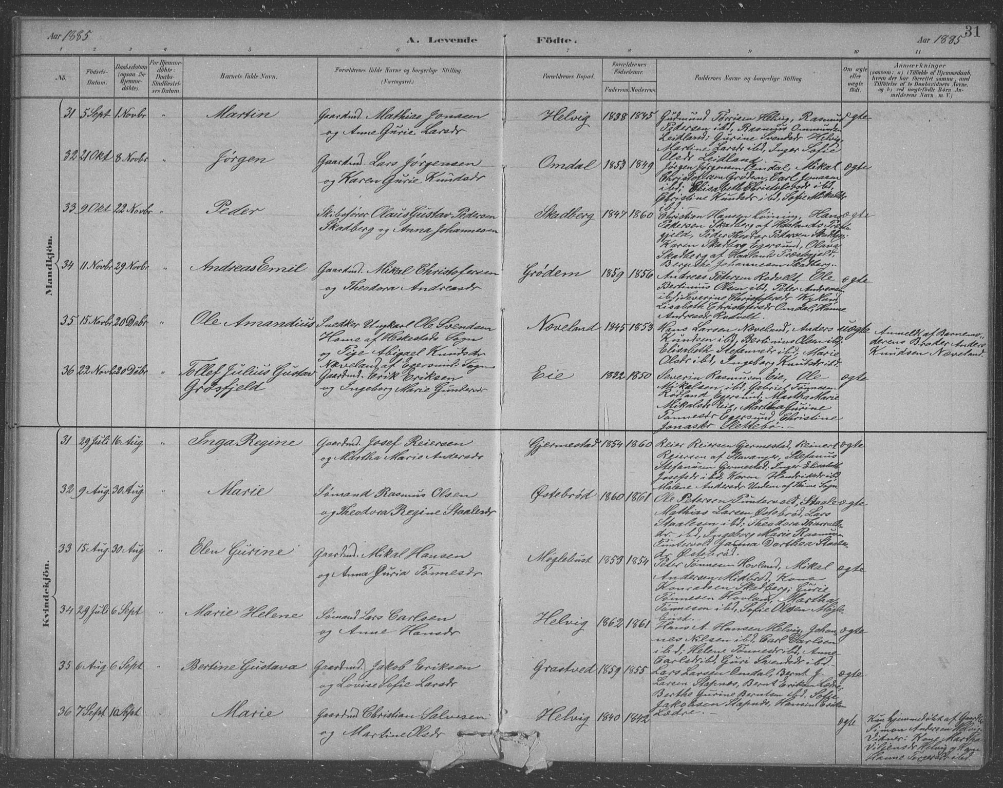 Eigersund sokneprestkontor, AV/SAST-A-101807/S09/L0007: Parish register (copy) no. B 7, 1882-1892, p. 31