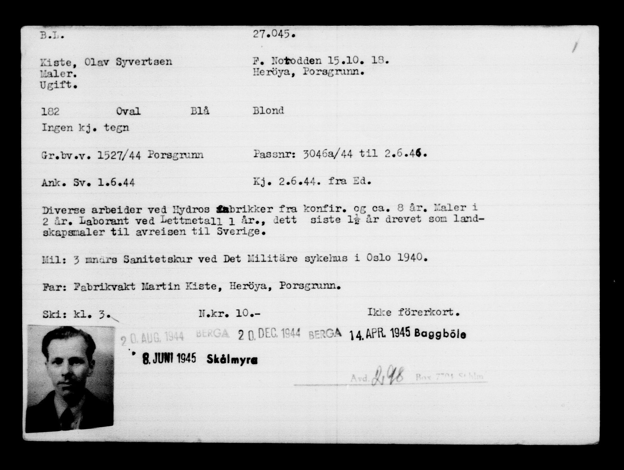 Utenriksstasjonene, Legasjonen i Stockholm, Flyktningkontoret, AV/RA-S-6753/V/Va/L0011: Kjesäterkartoteket, flyktninger med registreringsnr. 25300-28349, 1940-1945, p. 1837