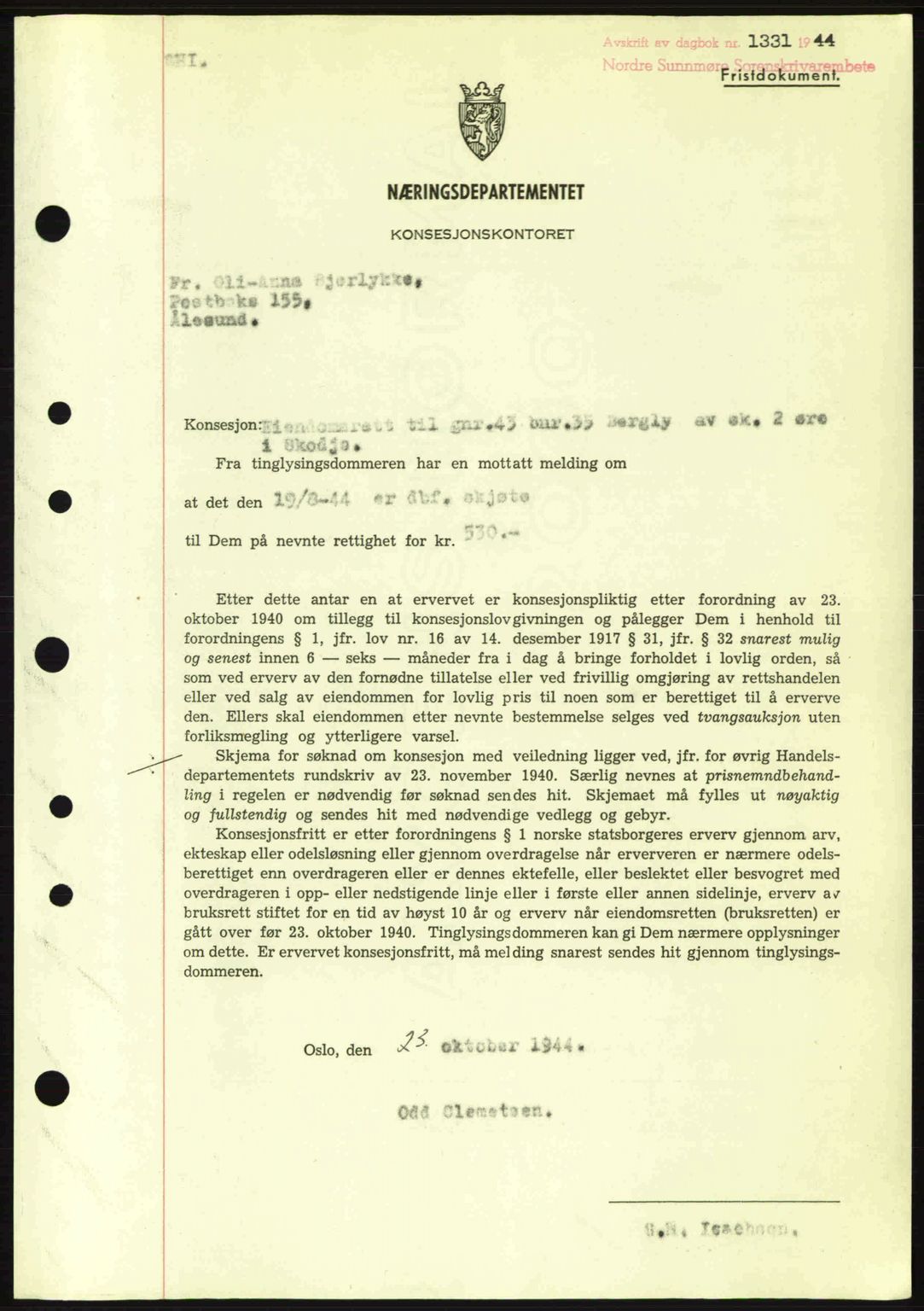 Nordre Sunnmøre sorenskriveri, SAT/A-0006/1/2/2C/2Ca: Mortgage book no. B6-14 a, 1942-1945, Diary no: : 1331/1944