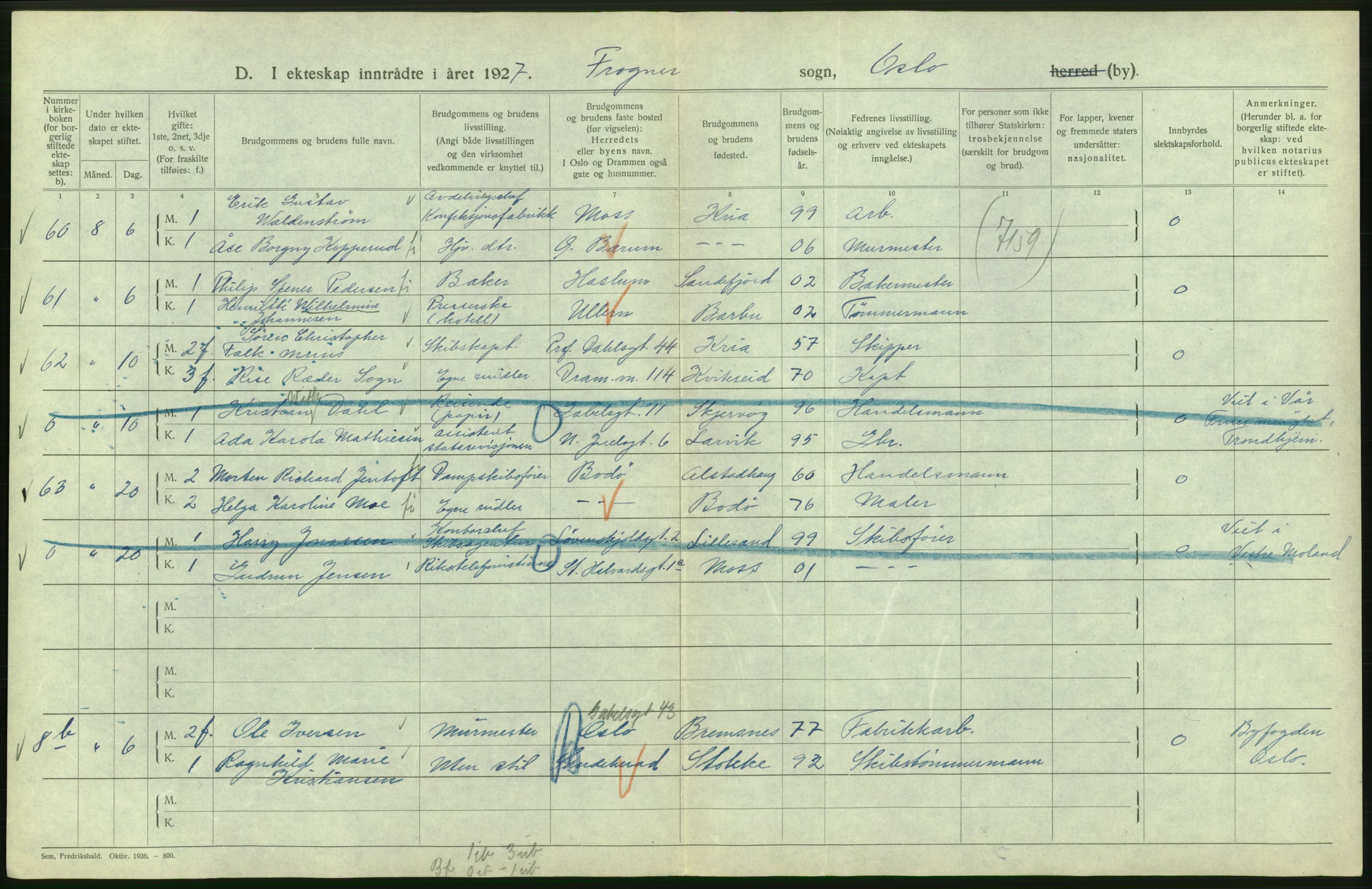 Statistisk sentralbyrå, Sosiodemografiske emner, Befolkning, AV/RA-S-2228/D/Df/Dfc/Dfcg/L0008: Oslo: Gifte, 1927, p. 180