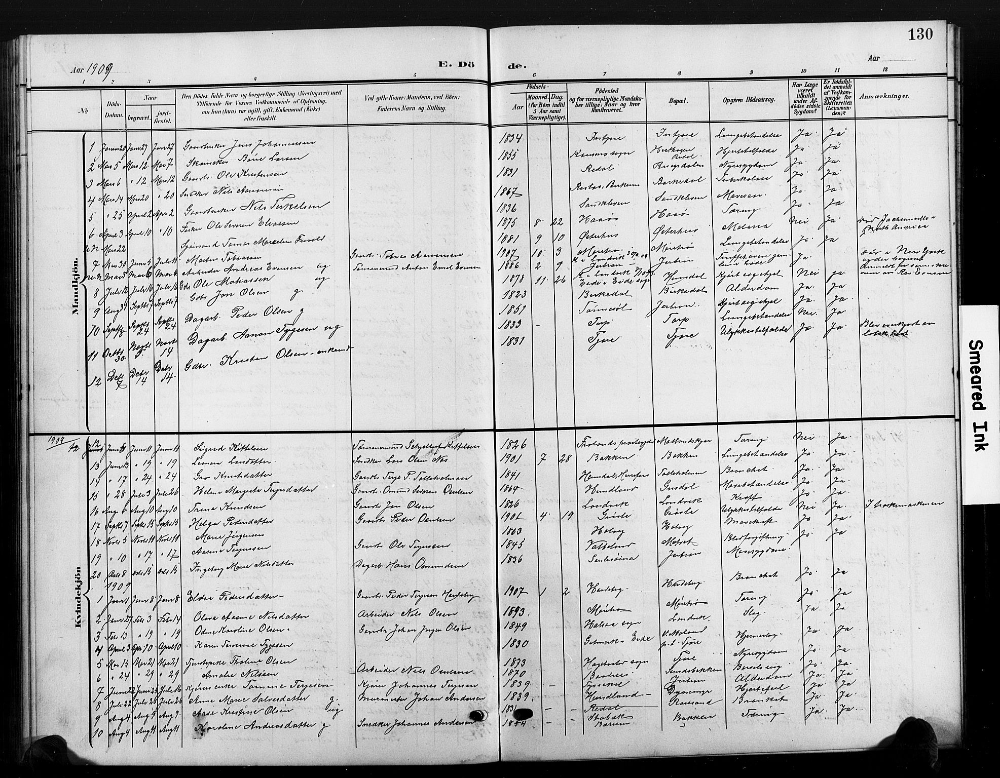 Hommedal sokneprestkontor, AV/SAK-1111-0023/F/Fb/Fbb/L0008: Parish register (copy) no. B 8, 1905-1929, p. 130