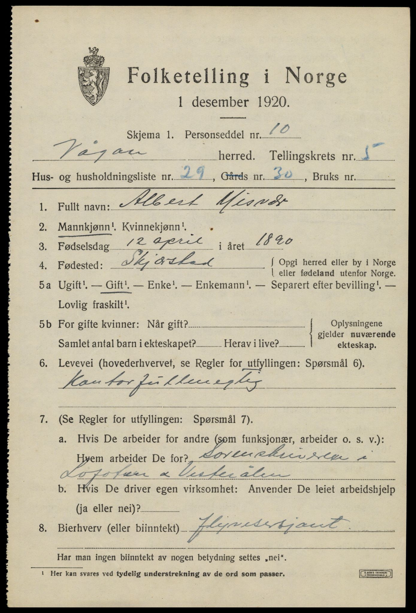 SAT, 1920 census for Vågan, 1920, p. 5505