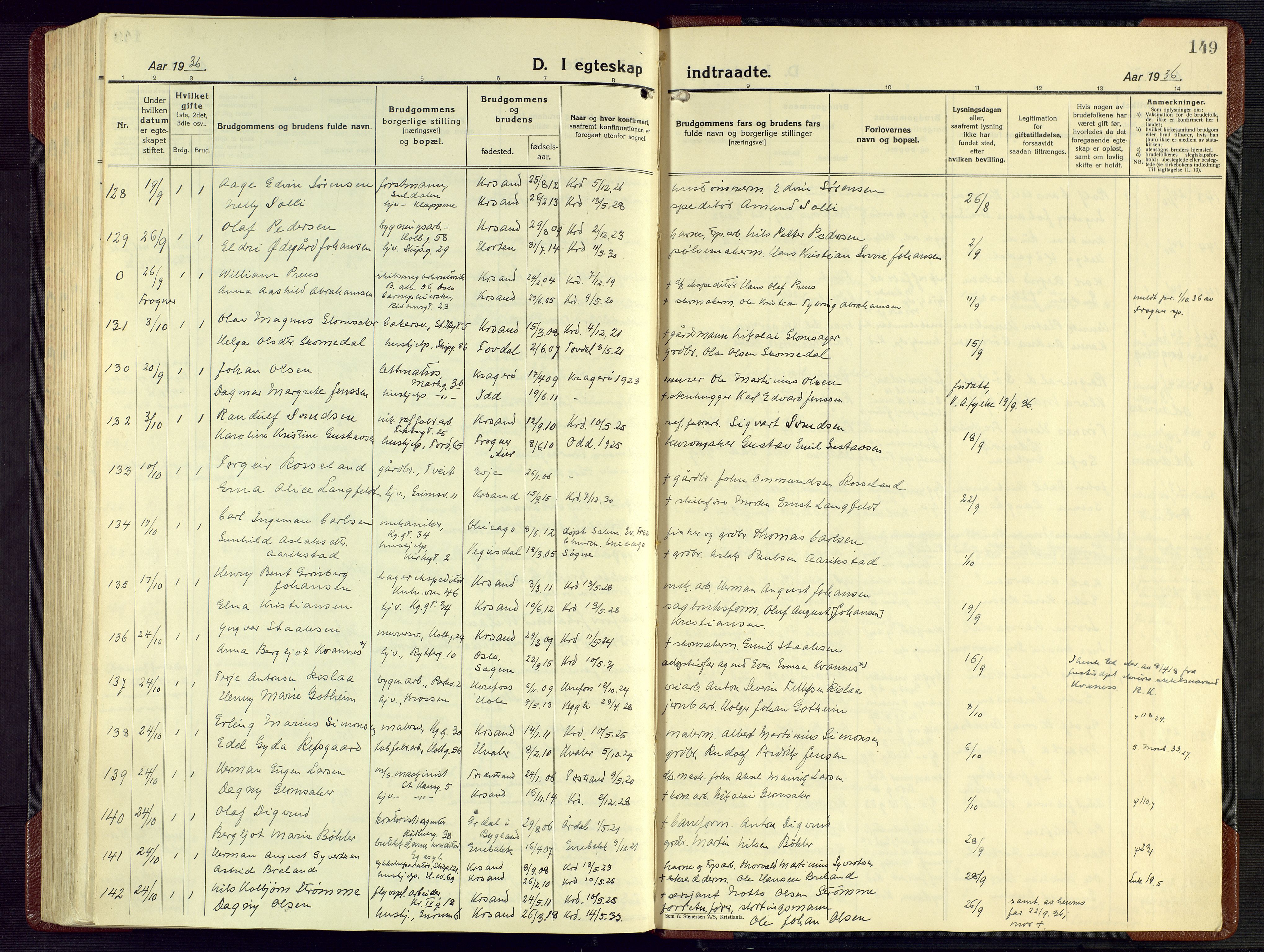 Kristiansand domprosti, AV/SAK-1112-0006/F/Fa/L0029: Parish register (official) no. A 28, 1925-1936, p. 149