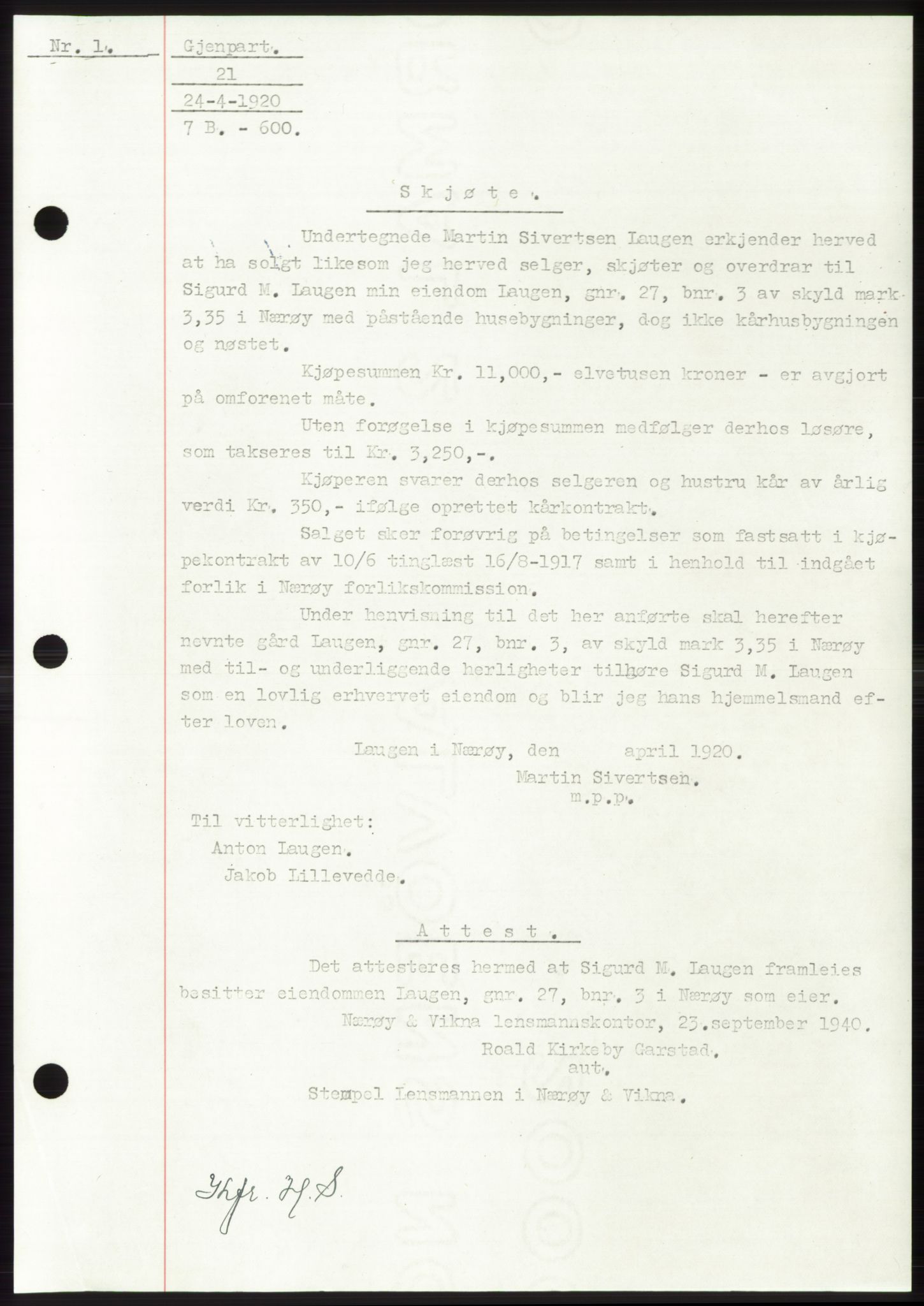 Namdal sorenskriveri, SAT/A-4133/1/2/2C: Mortgage book no. -, 1916-1921, Deed date: 24.04.1920