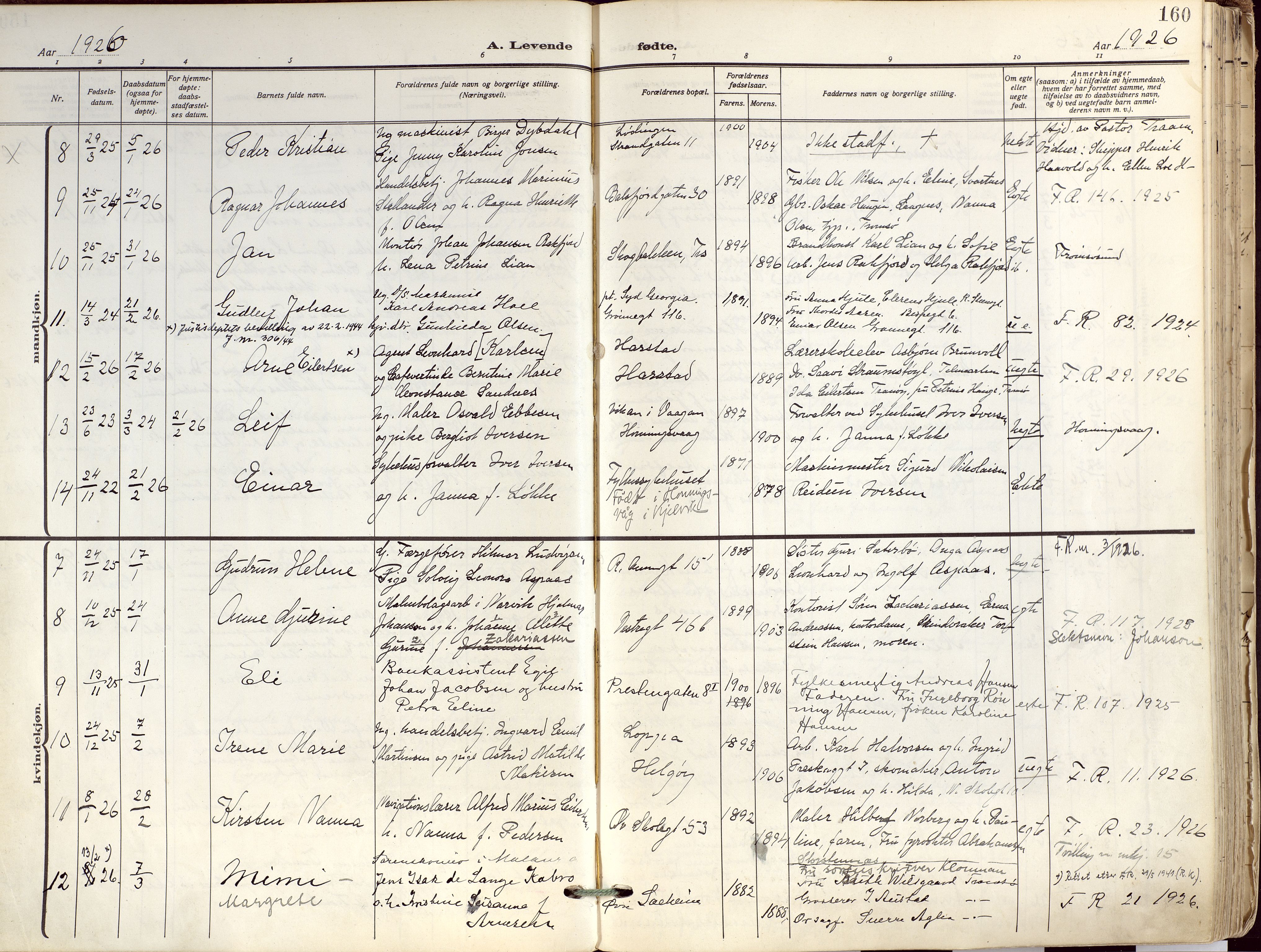 Tromsø sokneprestkontor/stiftsprosti/domprosti, SATØ/S-1343/G/Ga/L0019kirke: Parish register (official) no. 19, 1917-1927, p. 160