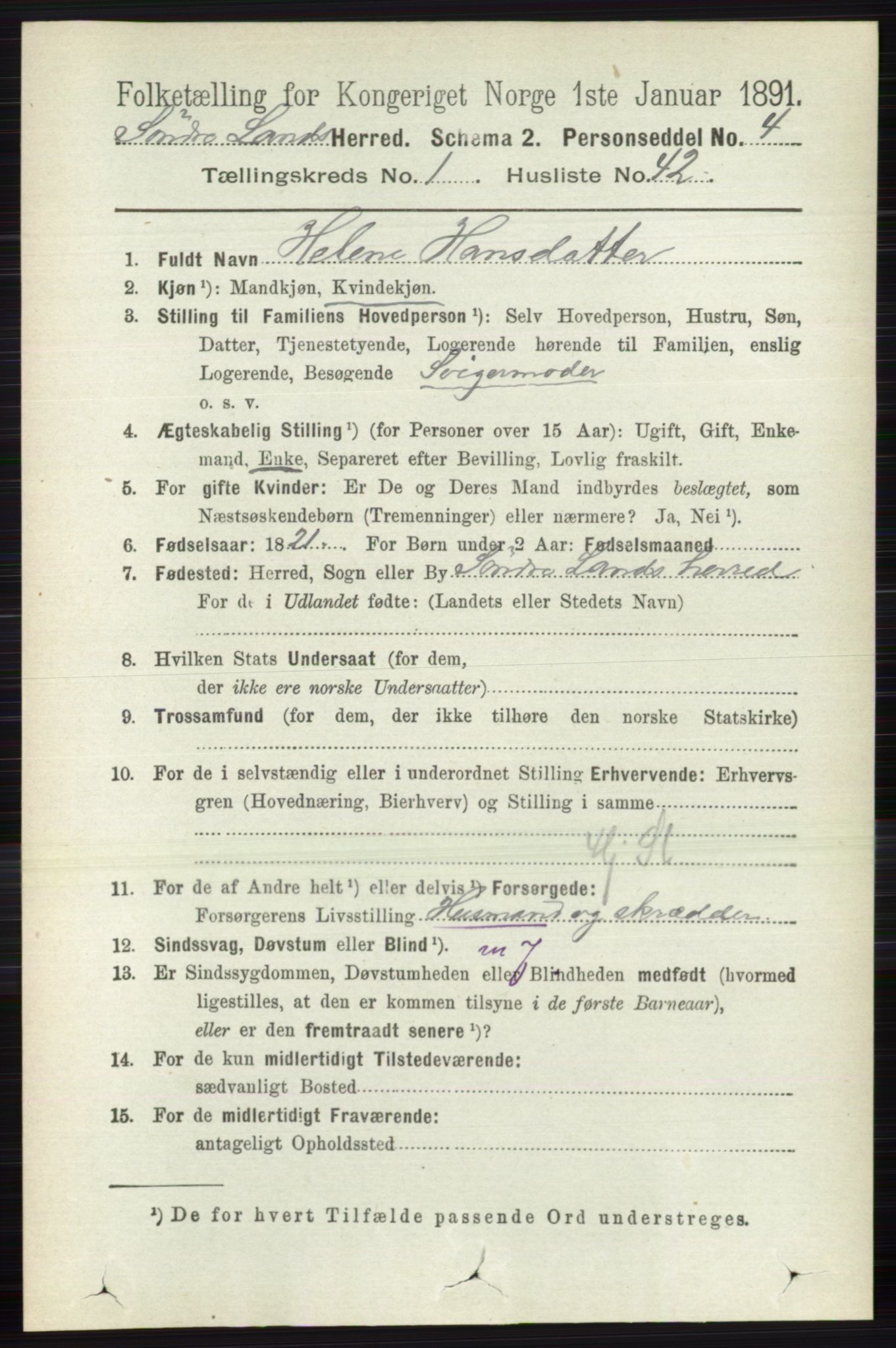 RA, 1891 census for 0536 Søndre Land, 1891, p. 415
