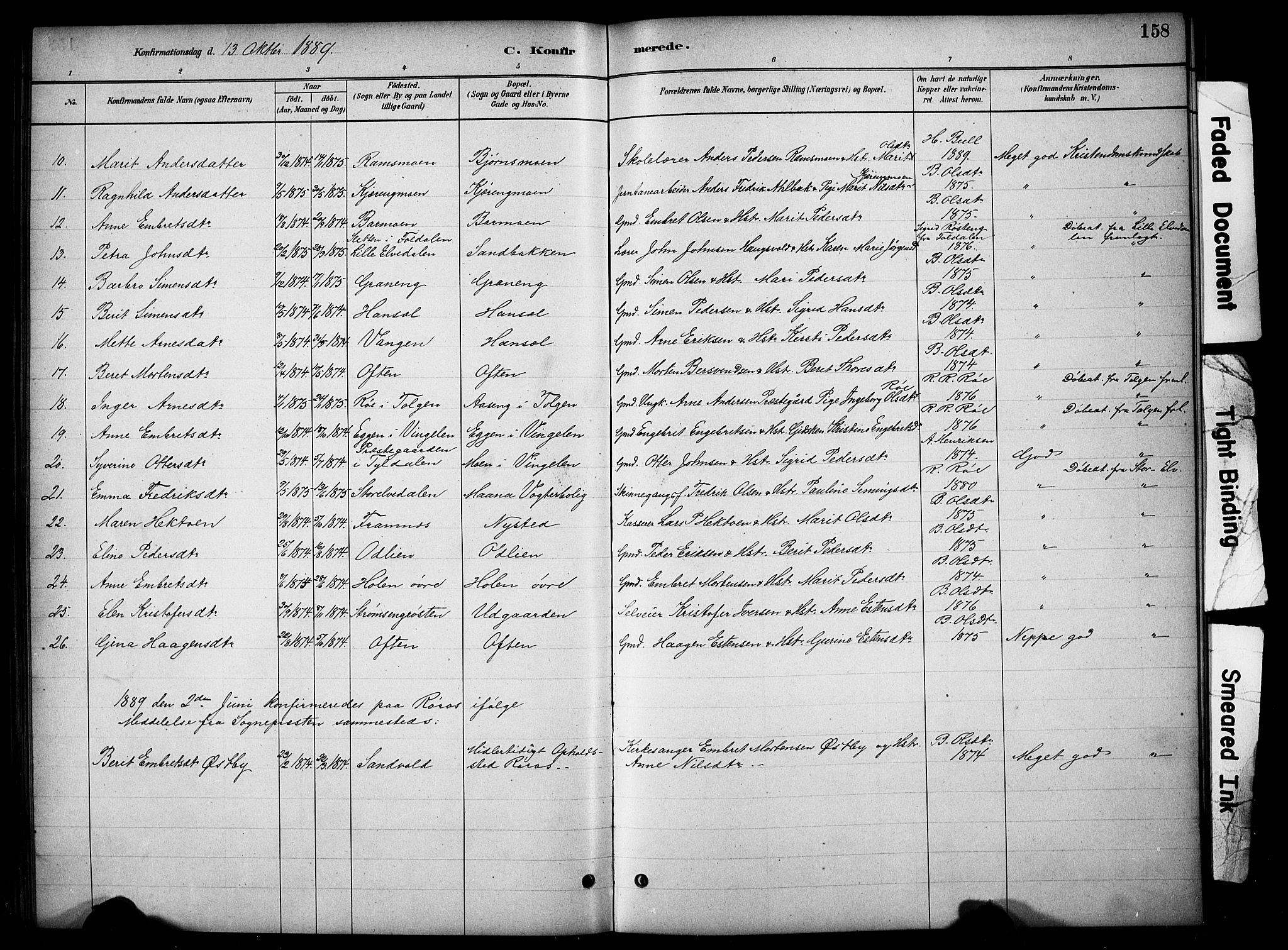 Tynset prestekontor, AV/SAH-PREST-058/H/Ha/Hab/L0006: Parish register (copy) no. 6, 1880-1899, p. 158