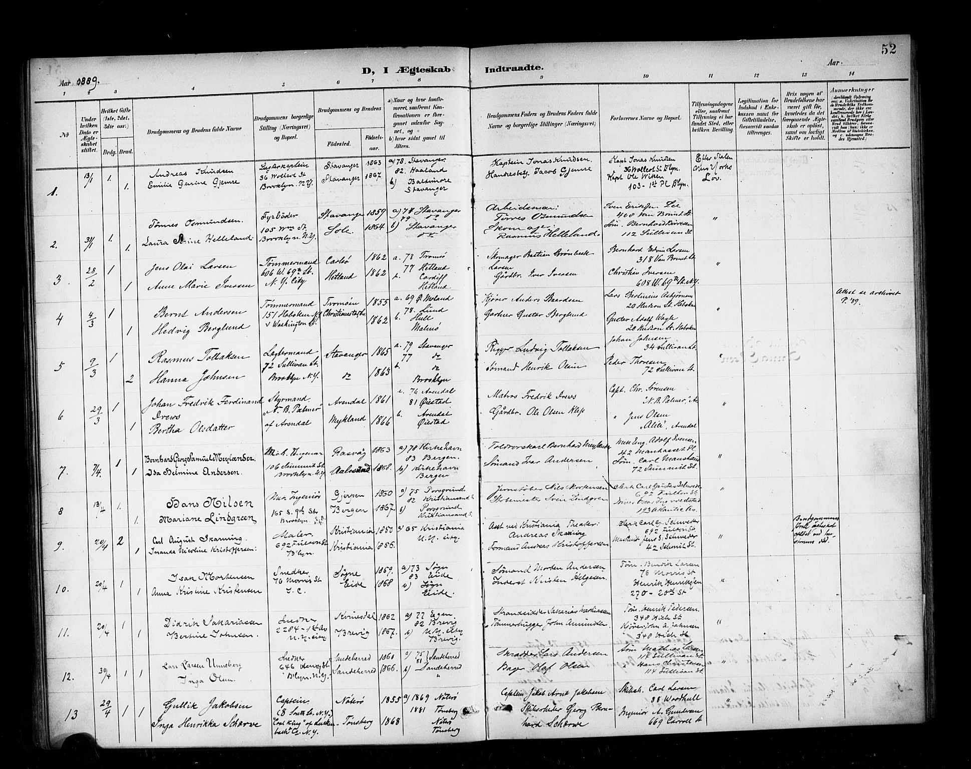 Den norske sjømannsmisjon i utlandet/New York, SAB/SAB/PA-0110/H/Ha/L0003: Parish register (official) no. A 3, 1888-1893, p. 52