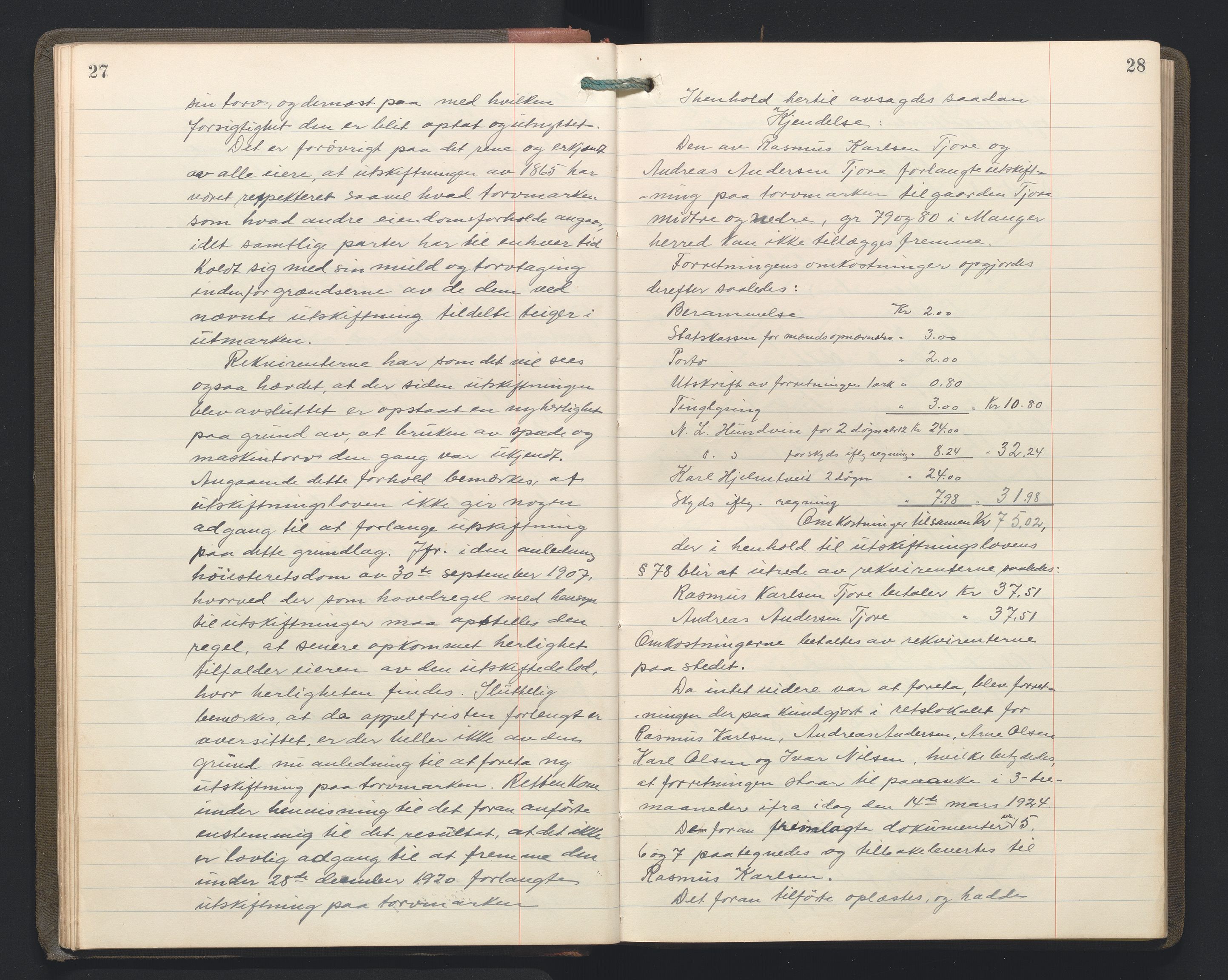 Hordaland jordskiftedøme - II Ytre Nordhordland jordskiftedistrikt, AV/SAB-A-6901/A/Aa/L0034: Forhandlingsprotokoll, 1923-1925, p. 27-28