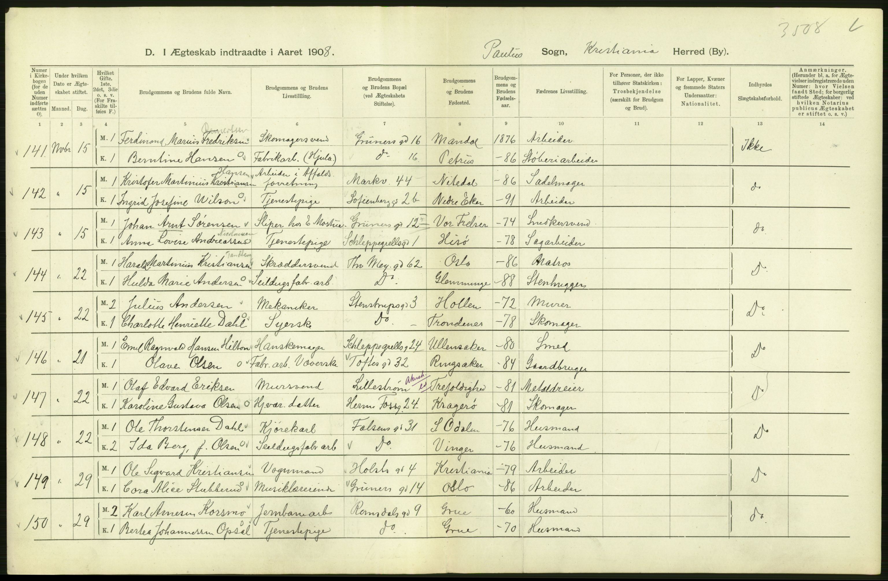 Statistisk sentralbyrå, Sosiodemografiske emner, Befolkning, AV/RA-S-2228/D/Df/Dfa/Dfaf/L0007: Kristiania: Gifte, 1908, p. 254