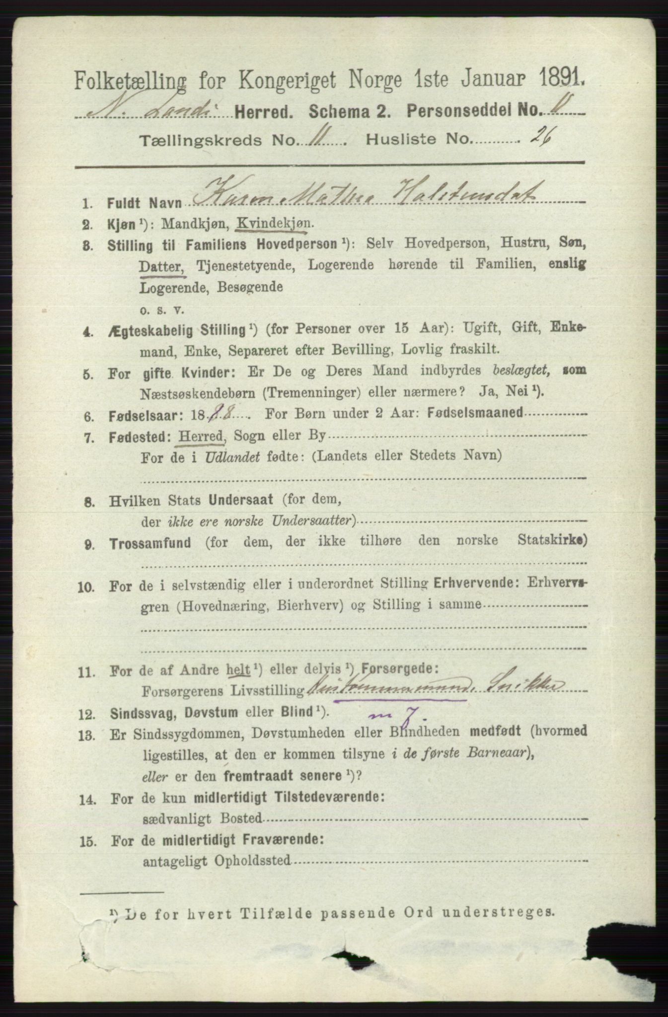 RA, 1891 census for 0538 Nordre Land, 1891, p. 3176