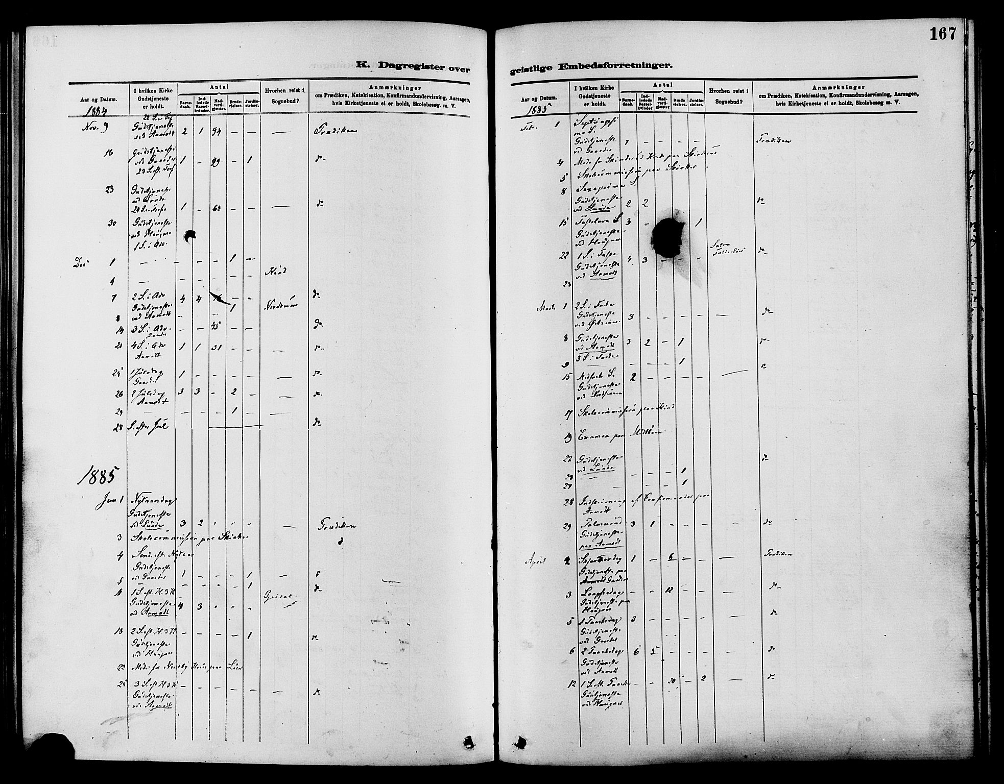 Nordre Land prestekontor, SAH/PREST-124/H/Ha/Haa/L0003: Parish register (official) no. 3, 1882-1896, p. 167